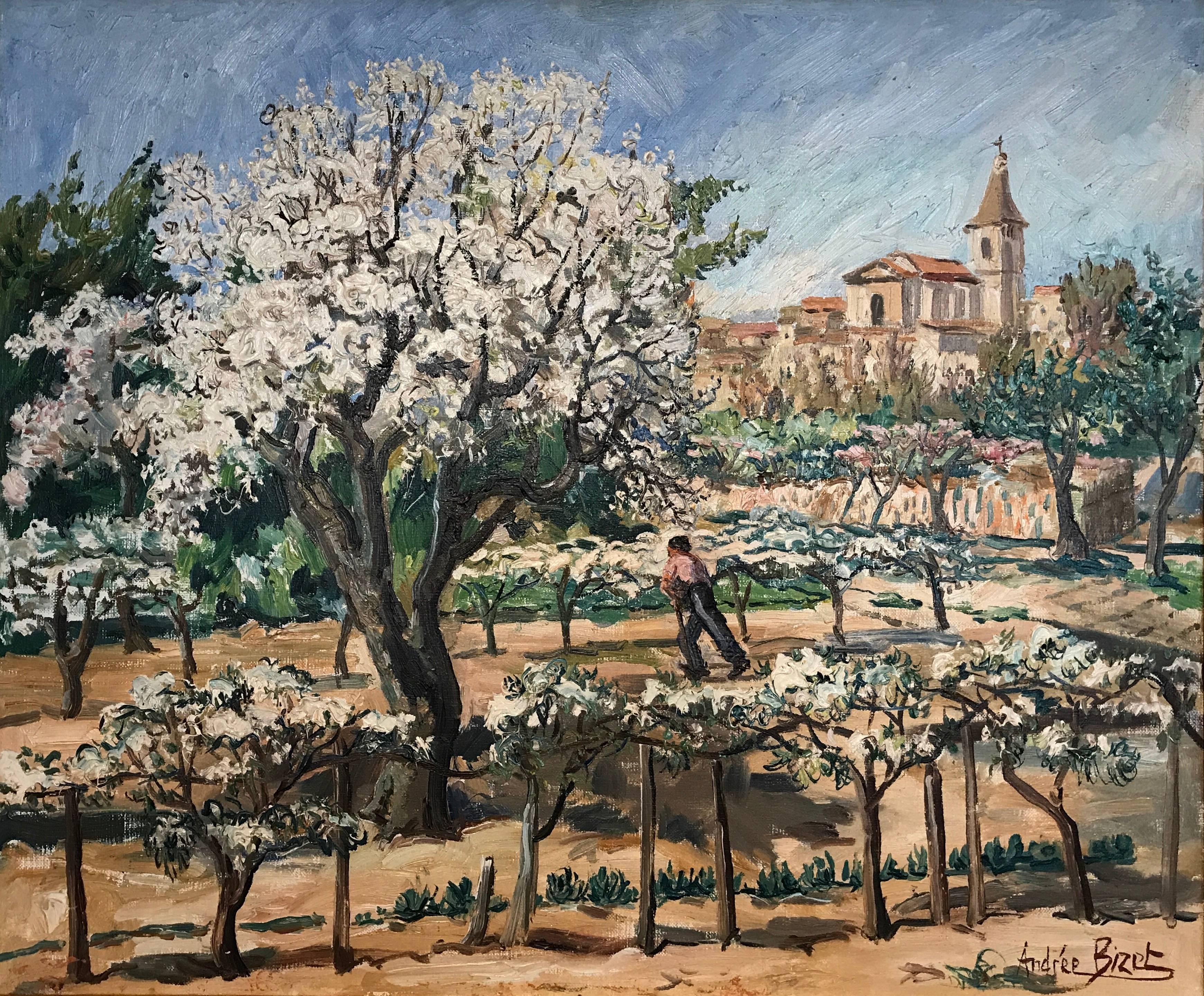 André Bizet Figurative Painting - Vintage French Impressionist Oil Painting Provencal Vineyard Landscape Signed