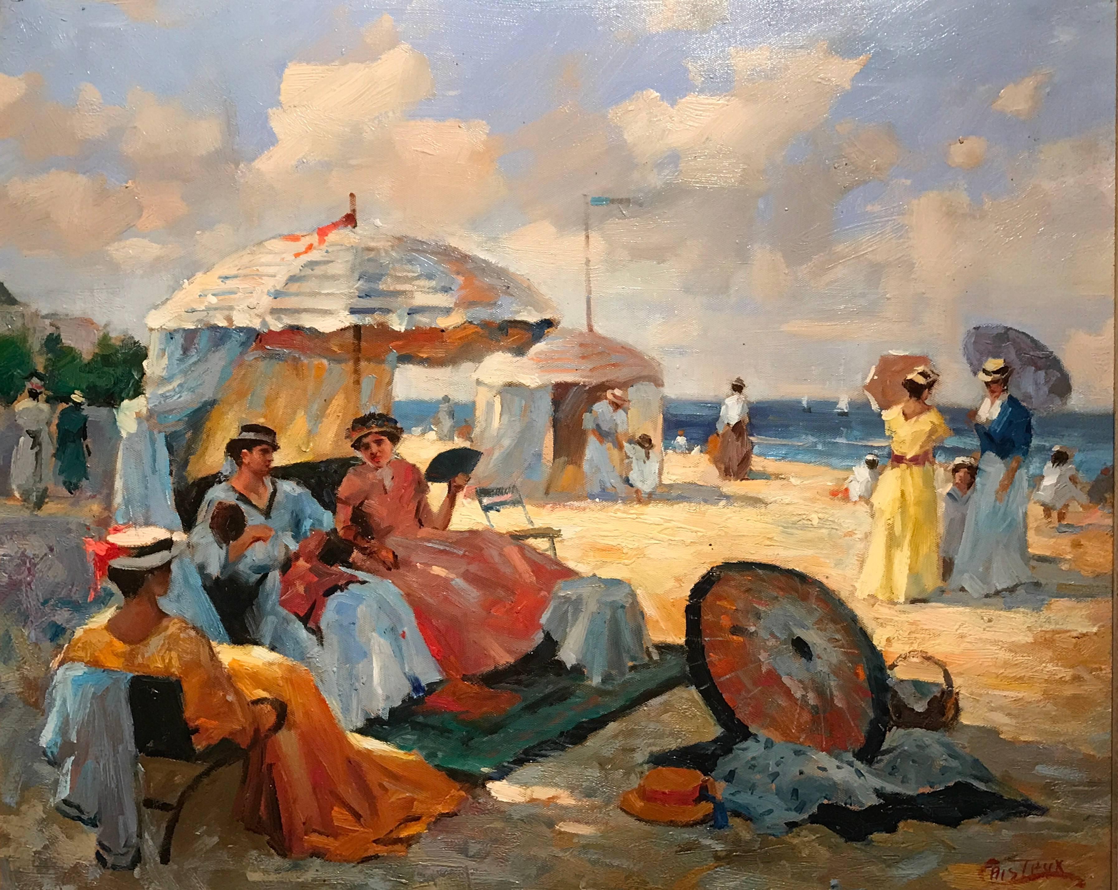 Francis Cristaux Figurative Painting - Elegant Figures on Beach Large French Impressionist Oil Painting