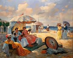 Elegant Figures on Beach Large French Impressionist Oil Painting