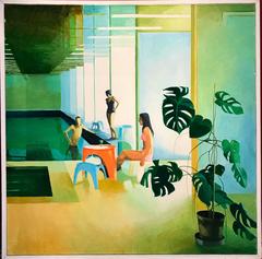 The Swimming Pool Large 1970's Oil Painting