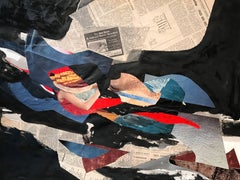 Grande peinture abstraite française avec collage découpé, œuvre d'art de l'artiste répertorié