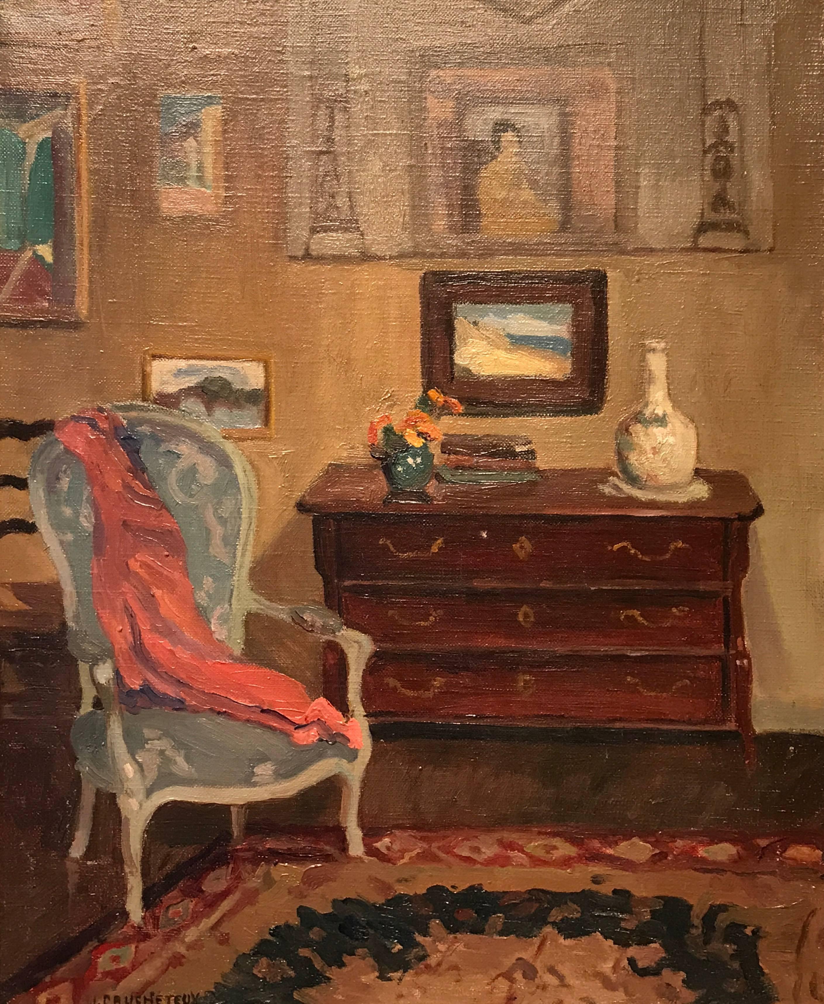 Julien Caucheteux Interior Painting - Superb French Impressionist Parlour Sitting Room Interior Scene Signed Oil