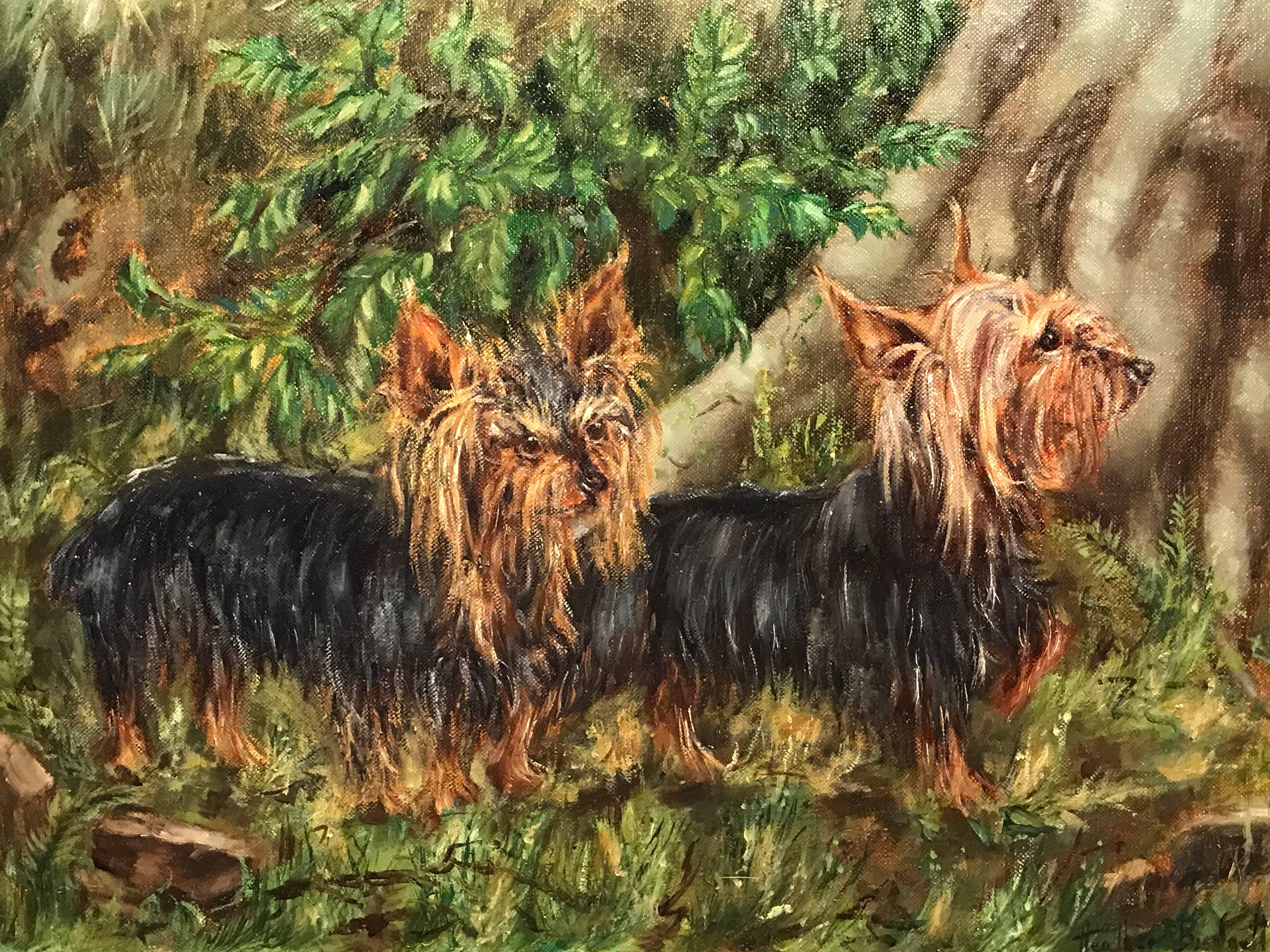 Heather Budgett Landscape Painting - English Oil Painting Yorkshire Terrier Dogs in Landscape