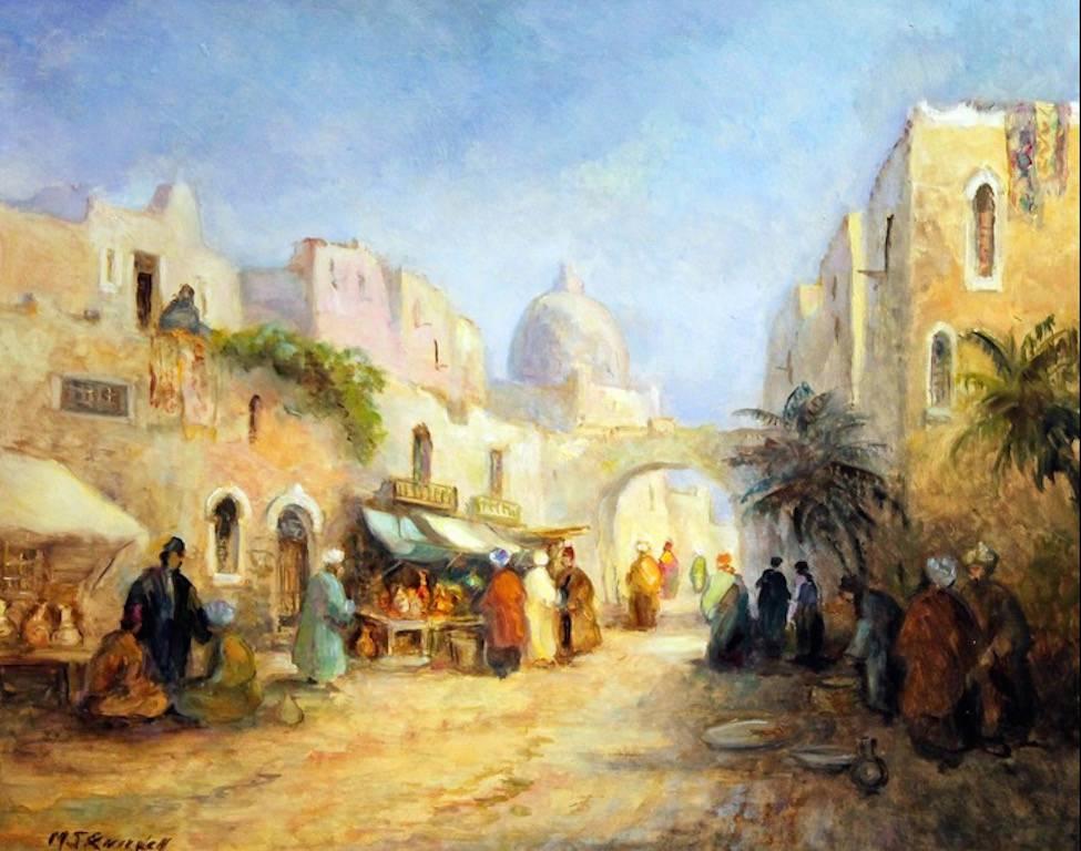 M.J. Rendell Figurative Painting - North African Market Street Scene Original Oil Painting