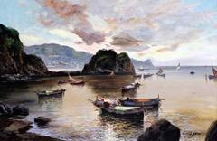 Vintage Large Original Oil Painting Neapolitan Coastal Scene with Fishing Boats