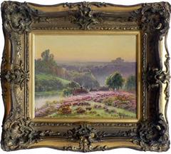 Peinture à l'huile originale signée représentant un coucher de soleil dans un paysage français