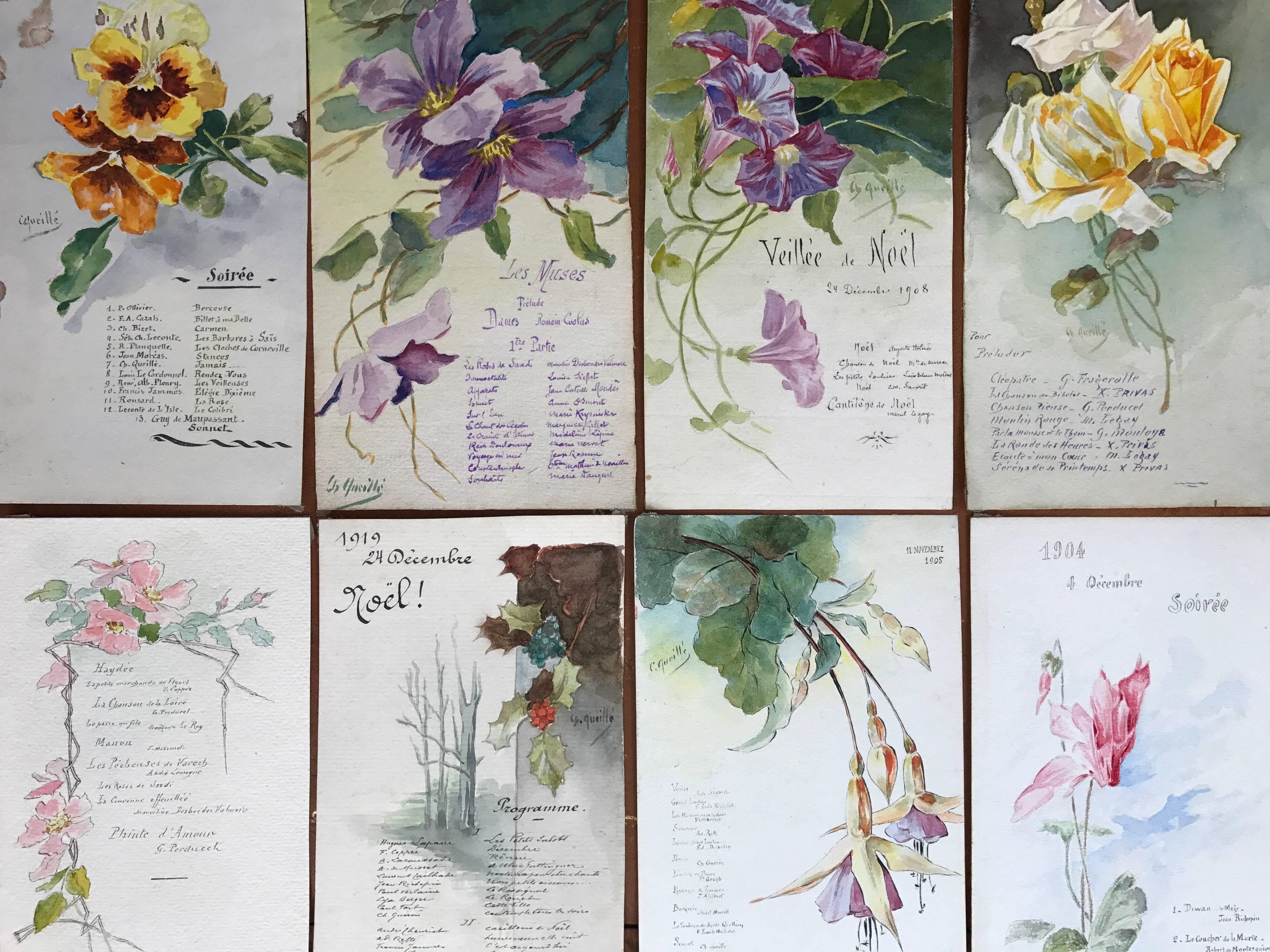 Unknown Still-Life Painting - Set of 8 Original French Paintings Illustrations & Flower Card Designs