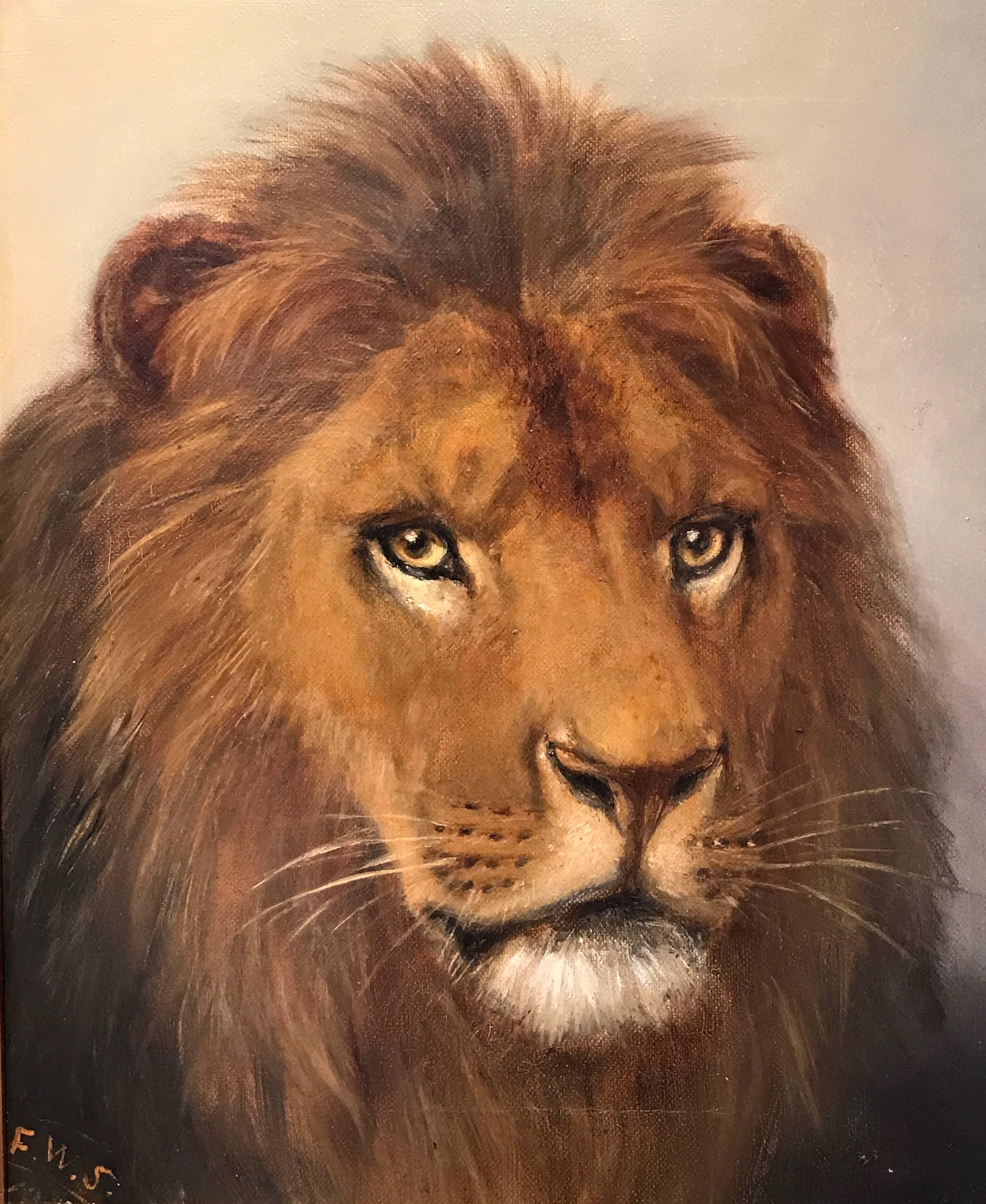 Unknown Animal Painting - Antique English Original Oil Painting on Canvas Head of a Lion