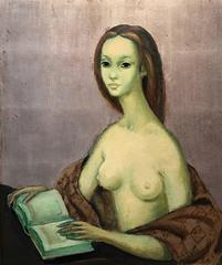 Symbolist Original Belgian Oil Painting Portrait of Nude Lady