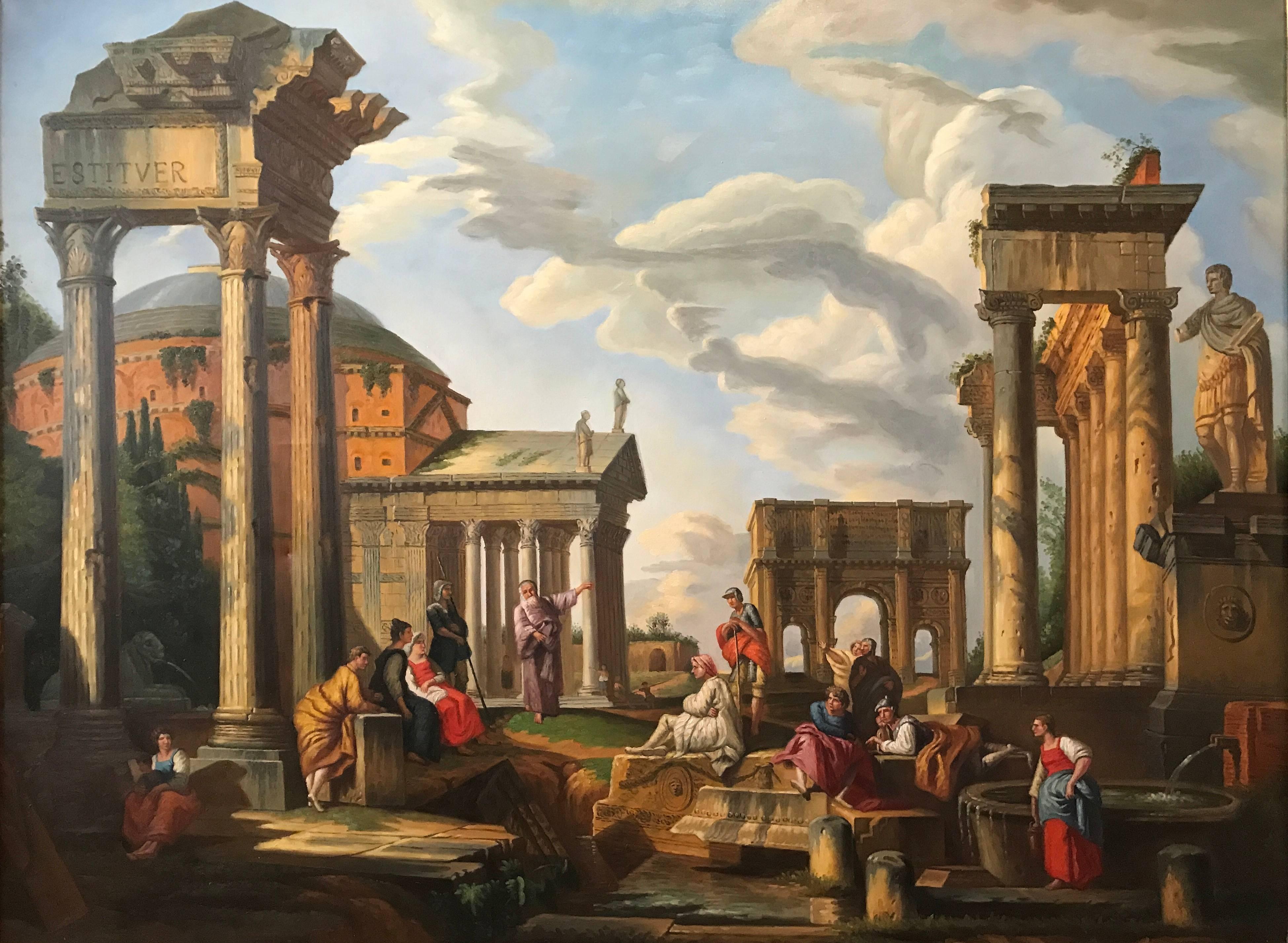 (After) Giovanni Pannini Landscape Painting - Enormous Italian Classical Roman Ruins Grand Tour Oil Painting