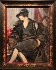 Elegant 1920's Portrait of a Parisian Lady in Hat Signed Oil Painting