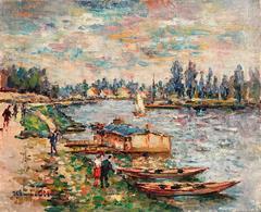 Signed French Impressionist Oil Painting Boats on the River Marne (Seine)