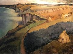 Large French Post-Impressionist Signed Oil Haystacks overlooking Coastline