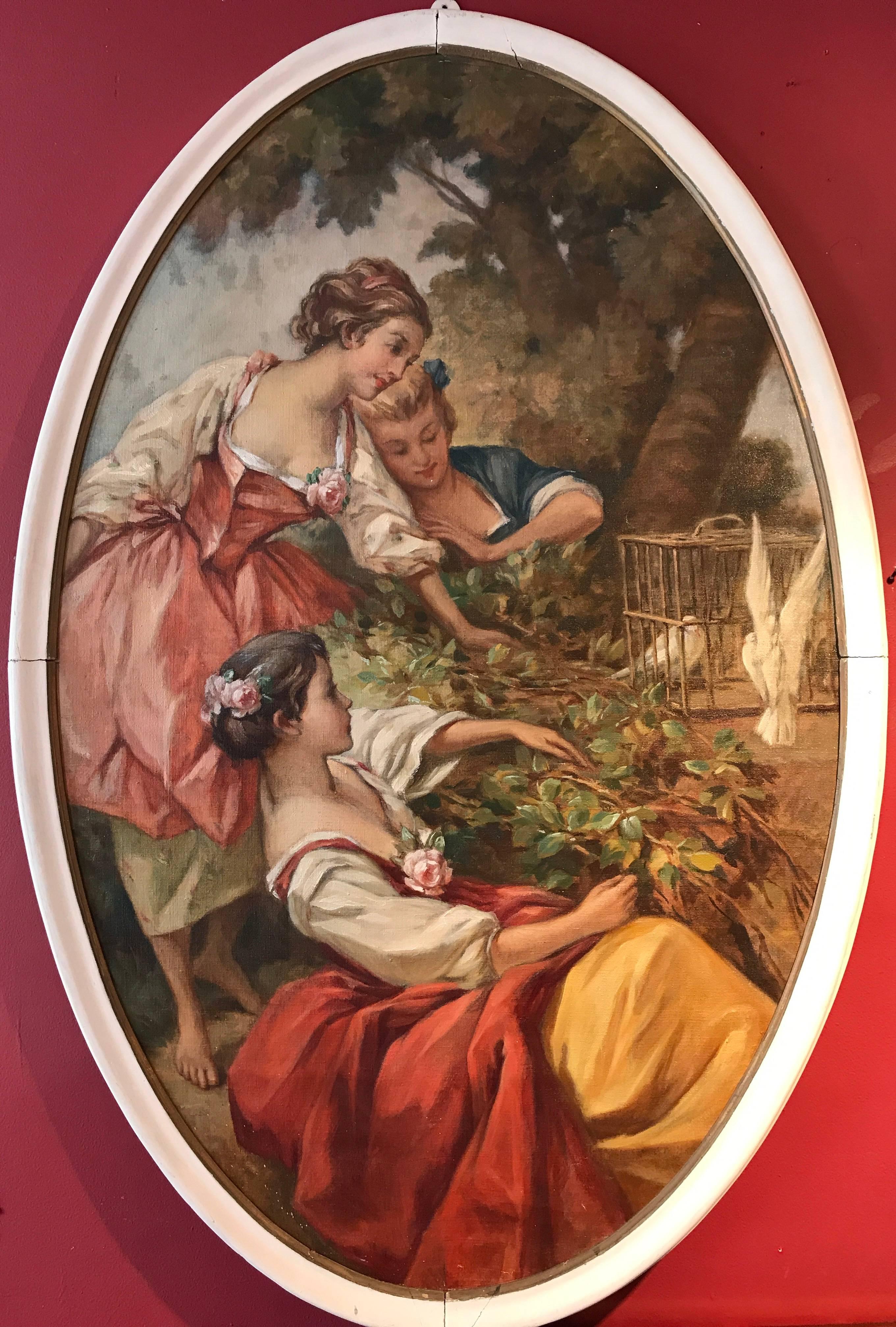 Unknown Portrait Painting - Large Oval French Oil Painting Ladies with Doves