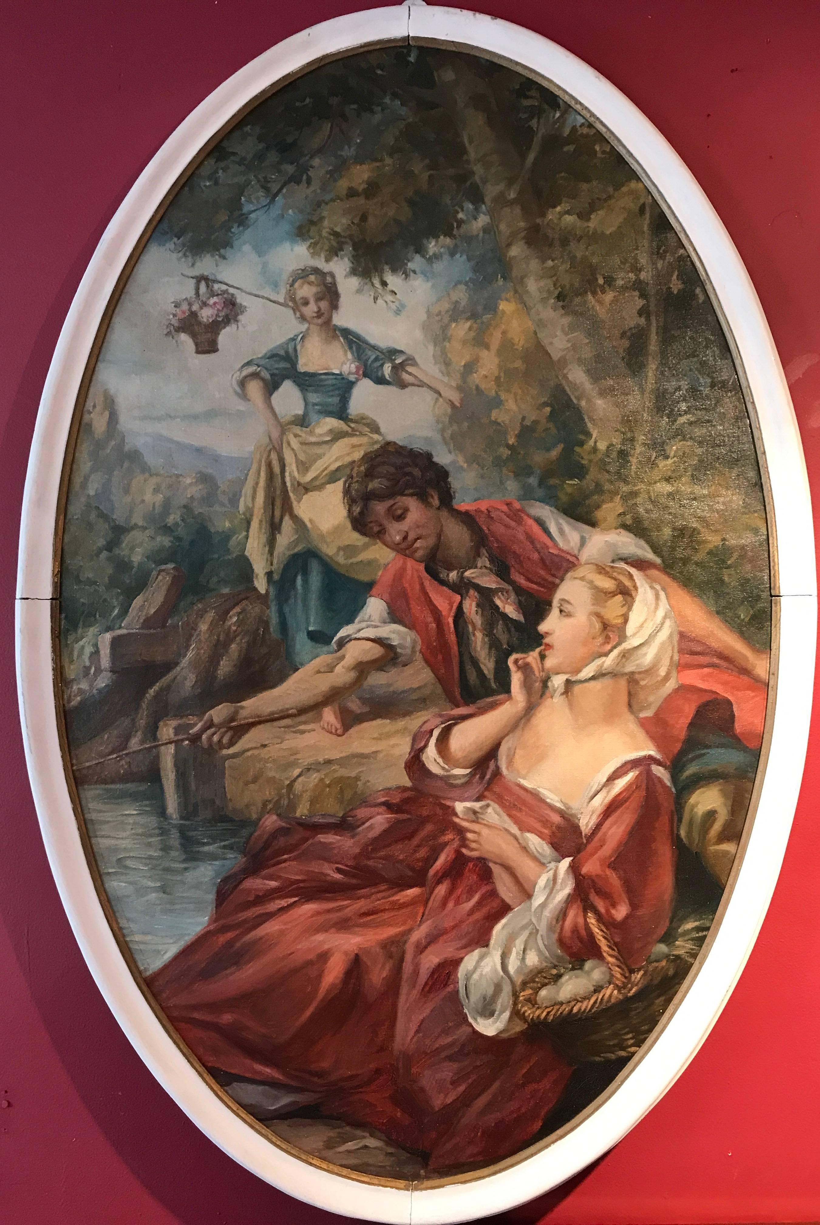 Unknown Figurative Painting - Large Oval French Rococo Style Oil Painting Young Courtship