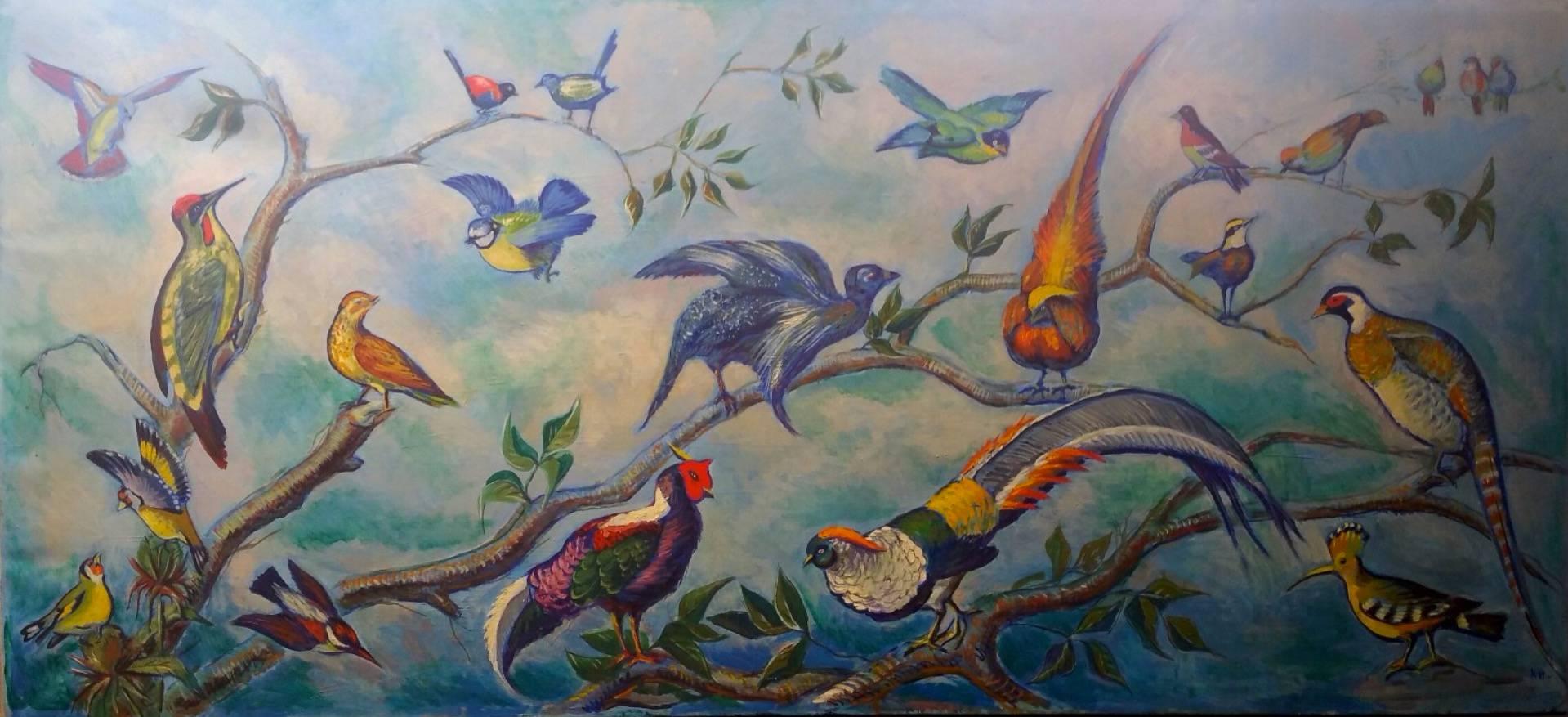 Raymonde Heudebert Animal Painting - Huge French Oil Painting Exotic Birds on Tree Branches Signed