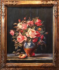 Large 1920's French Impressionist Oil Painting Roses in Andre Metthey vase