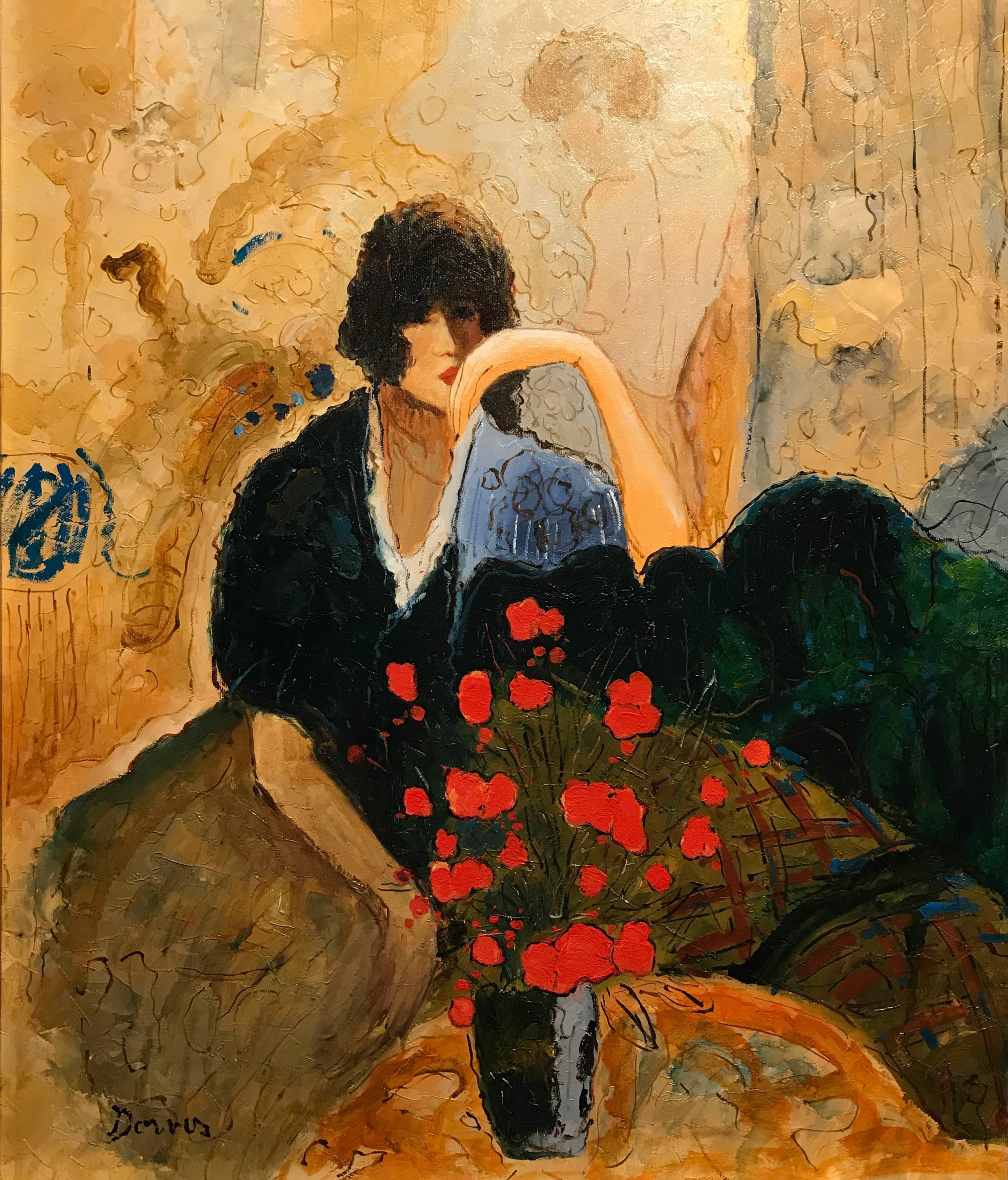 Unknown Figurative Painting - Large Signed French Oil Painting Seated Lady Vase of Poppies