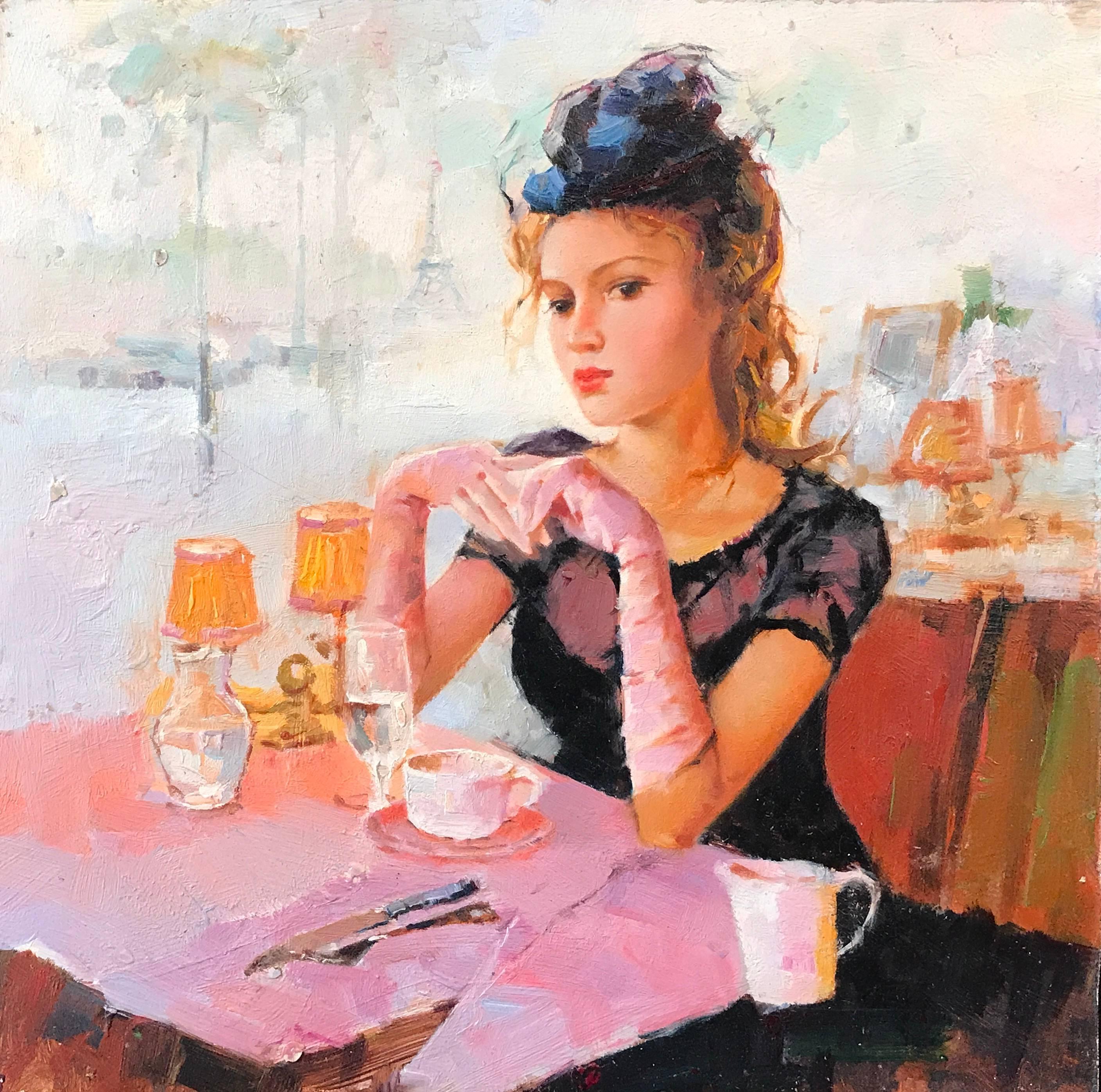 Unknown Figurative Painting - French Impressionist Oil Painting Young Beauty Paris Cafe Pink Gloves