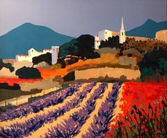 LAVENDER FIELDS, BONNIEUX PROVENCE LARGE IMPRESSIONIST OIL PAINTING
