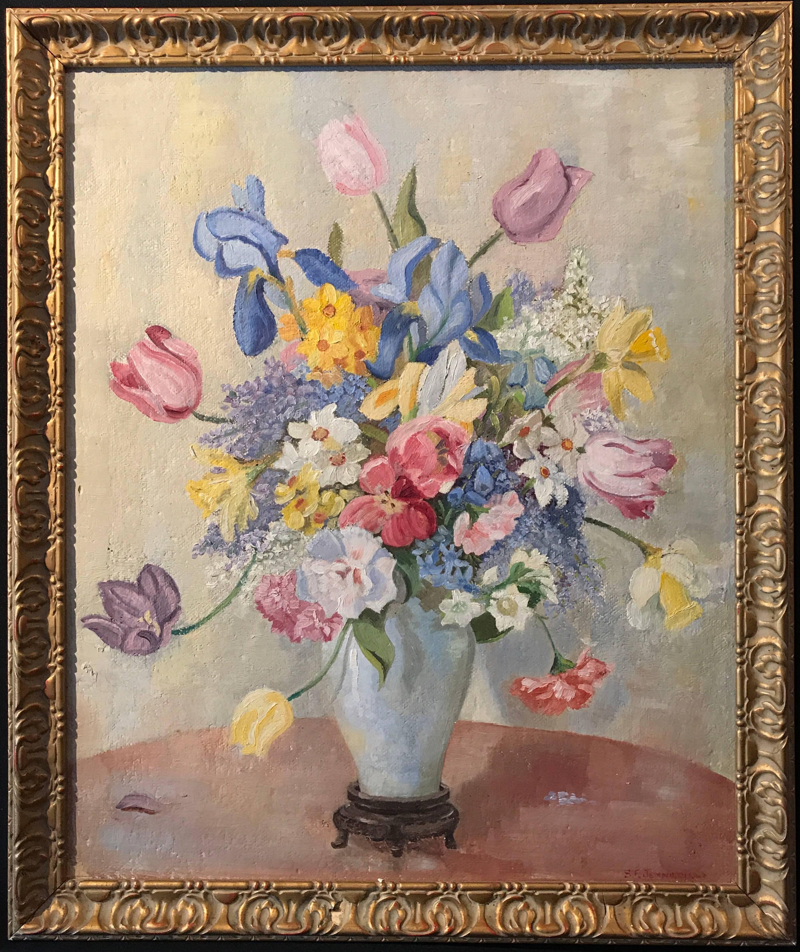 Unknown Still-Life Painting - Still Life Flowers in Vase Original Signed Oil Painting