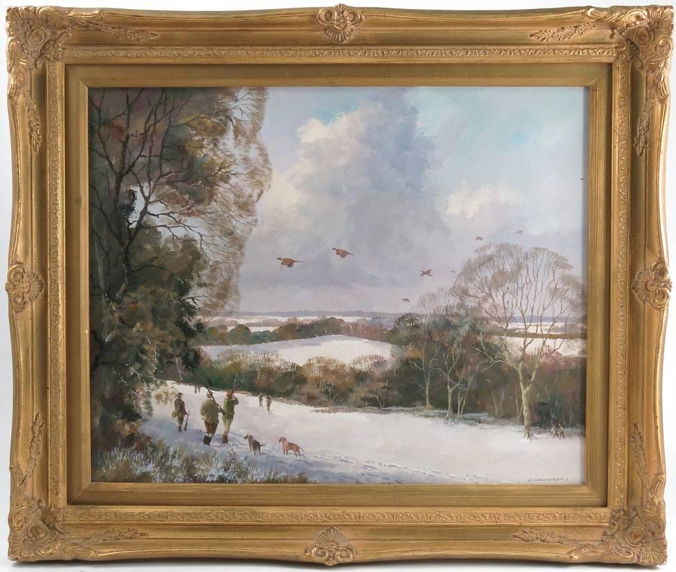 Colin Crocker Landscape Painting - Pheasant Shooting Winter British Landscape Signed Oil Painting