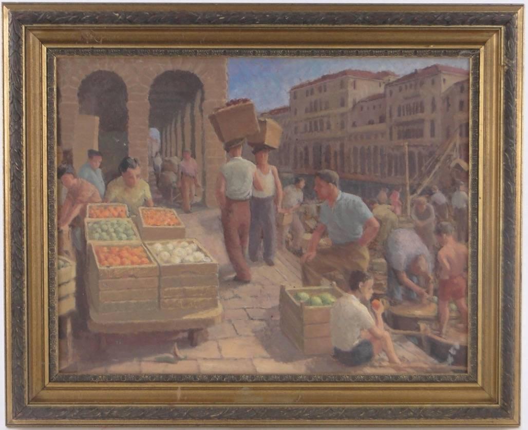 Unknown Landscape Painting - The Fruit Market Venice Mid 20th century Italian Oil Painting
