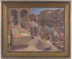 The Fruit Market Venice Mid 20th century Italian Oil Painting