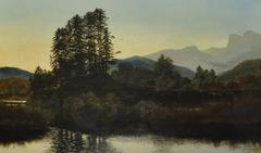 Très grande peinture à l'huile ancienne de paysage écossais au crépuscule