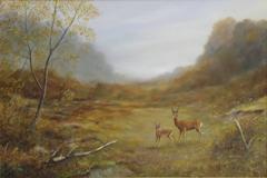Deer in Scottish Misty Autumn Landscape Signed Oil Painting