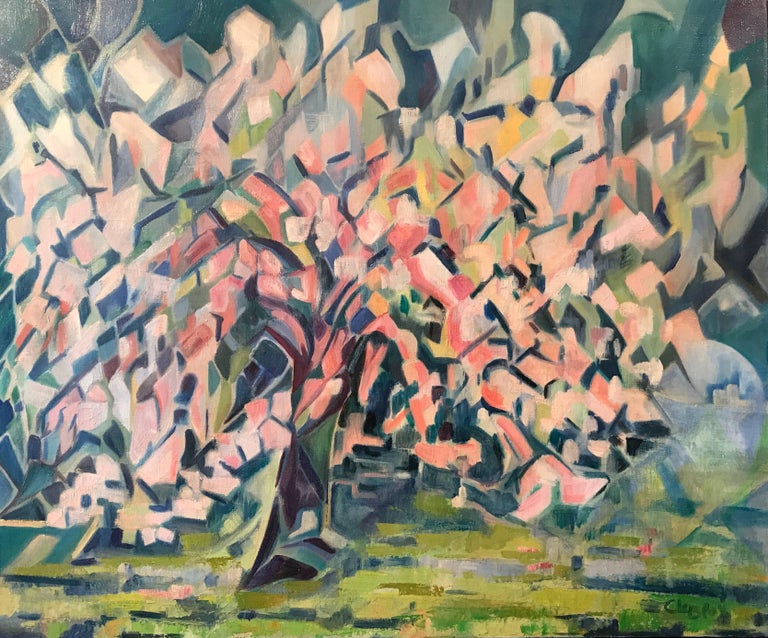 Claudine le Blay Landscape Painting - Arbre en Fleurs Signed French Cubist Oil Painting Blossom Tree