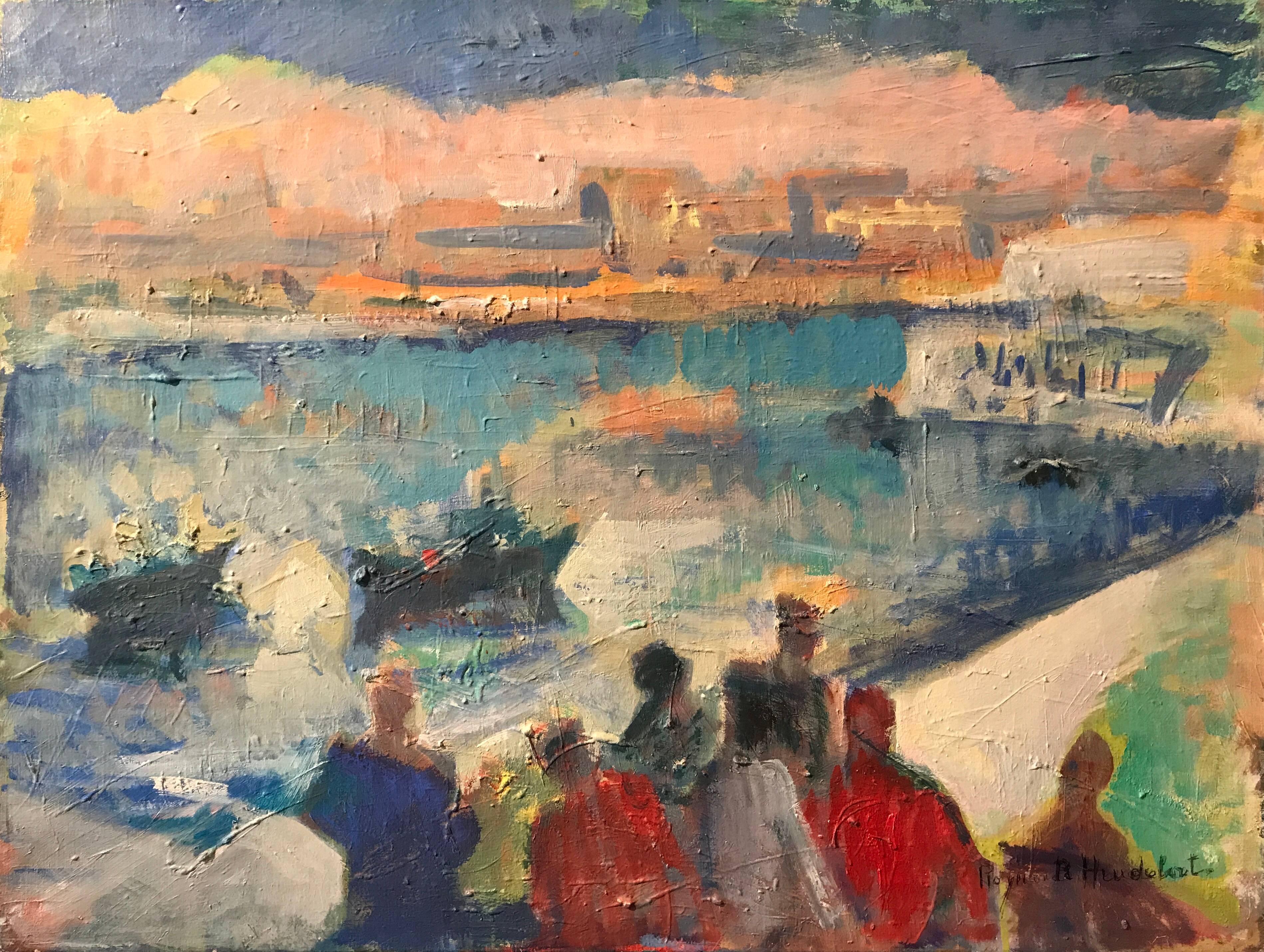 Raymonde Heudebert Landscape Painting - French Fauvist Oil Painting Figures by the Harbour