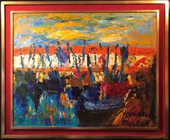 Boats in Med Harbour - Large French Oil Painting