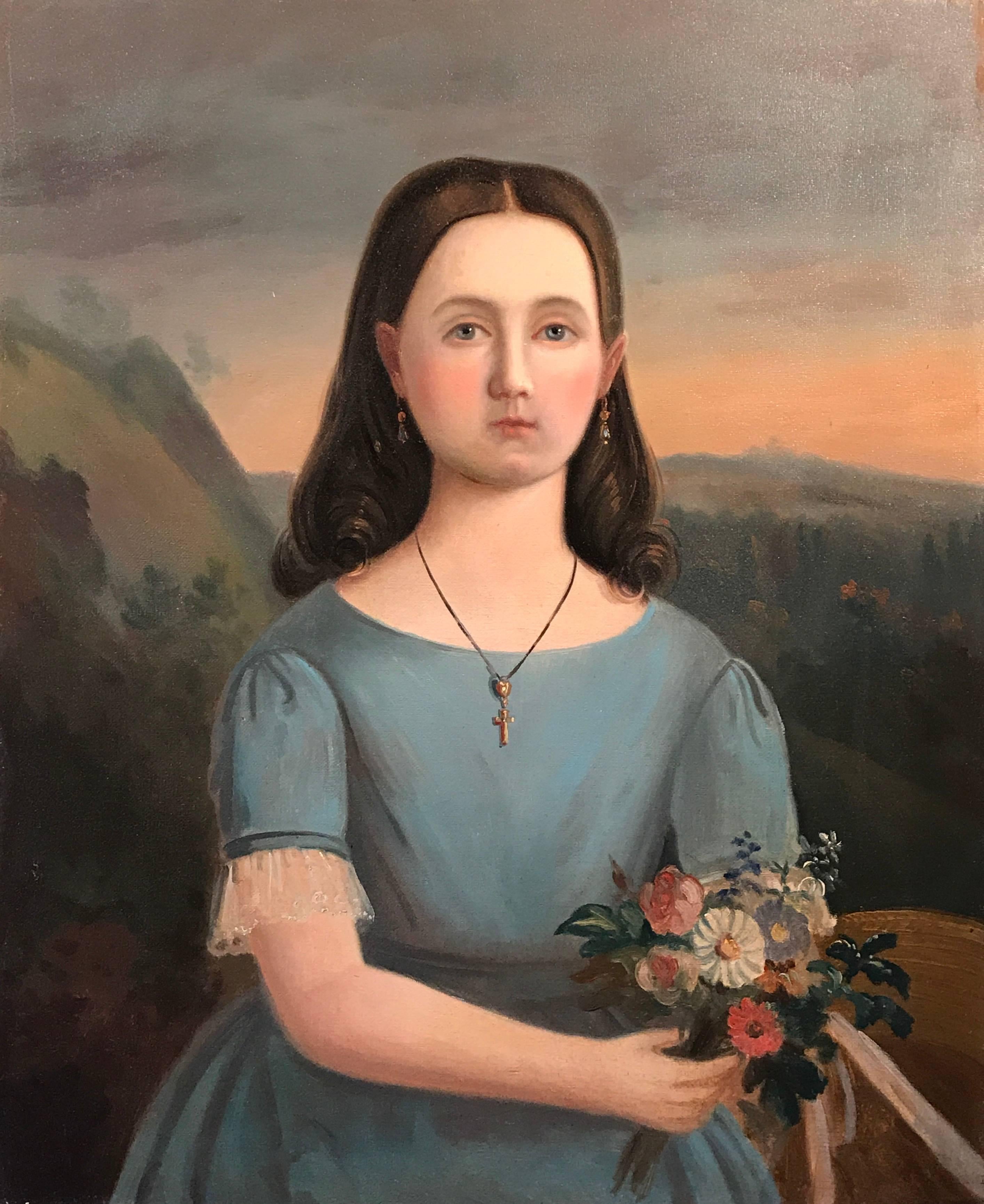 Unknown Figurative Painting - Mid 19th Century French Oil Painting Young Girl with Flowers