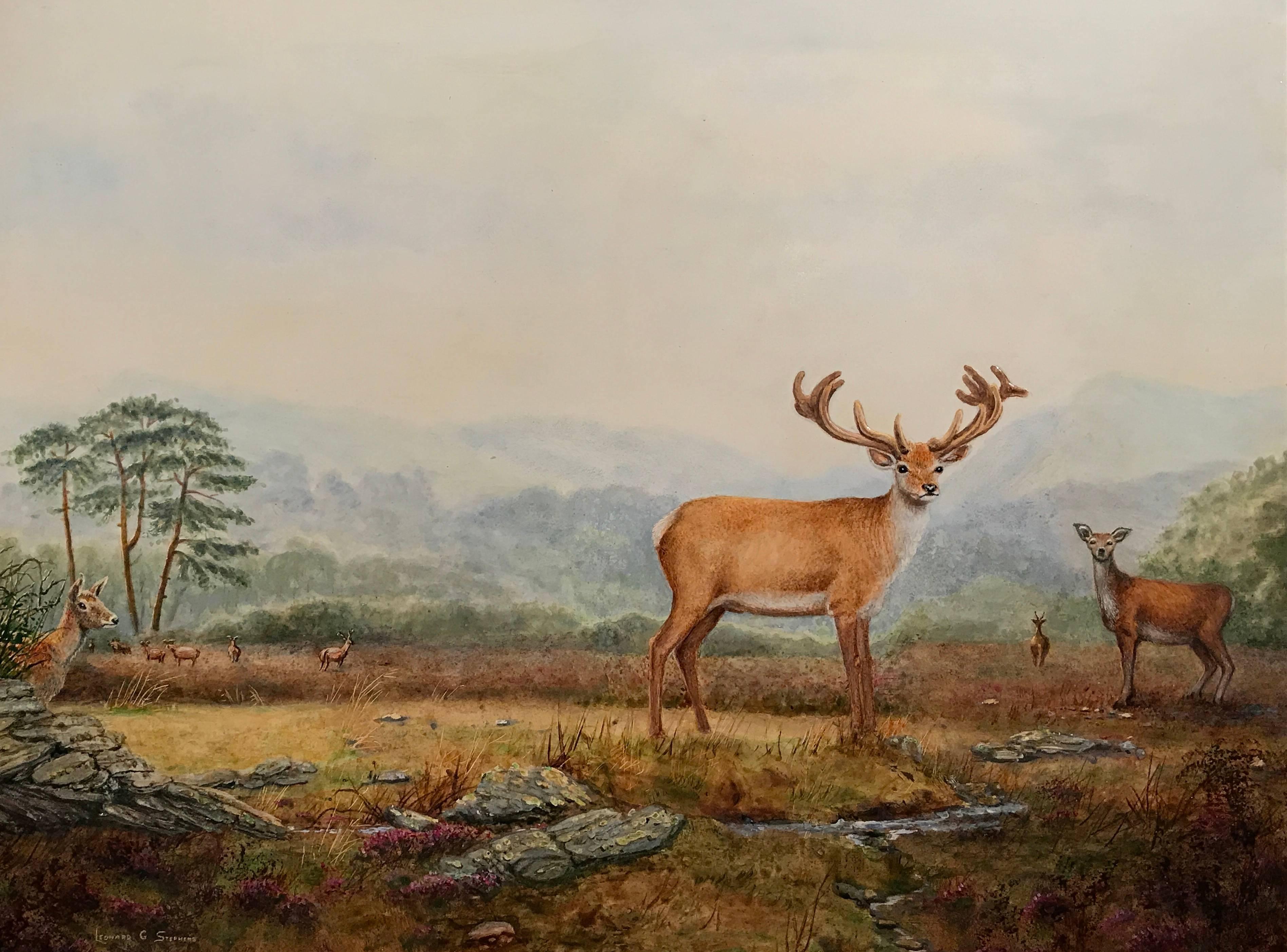 Leonard G. Stephens Animal Painting - Red Deer in Scottish Highlands Signed Original Oil Painting