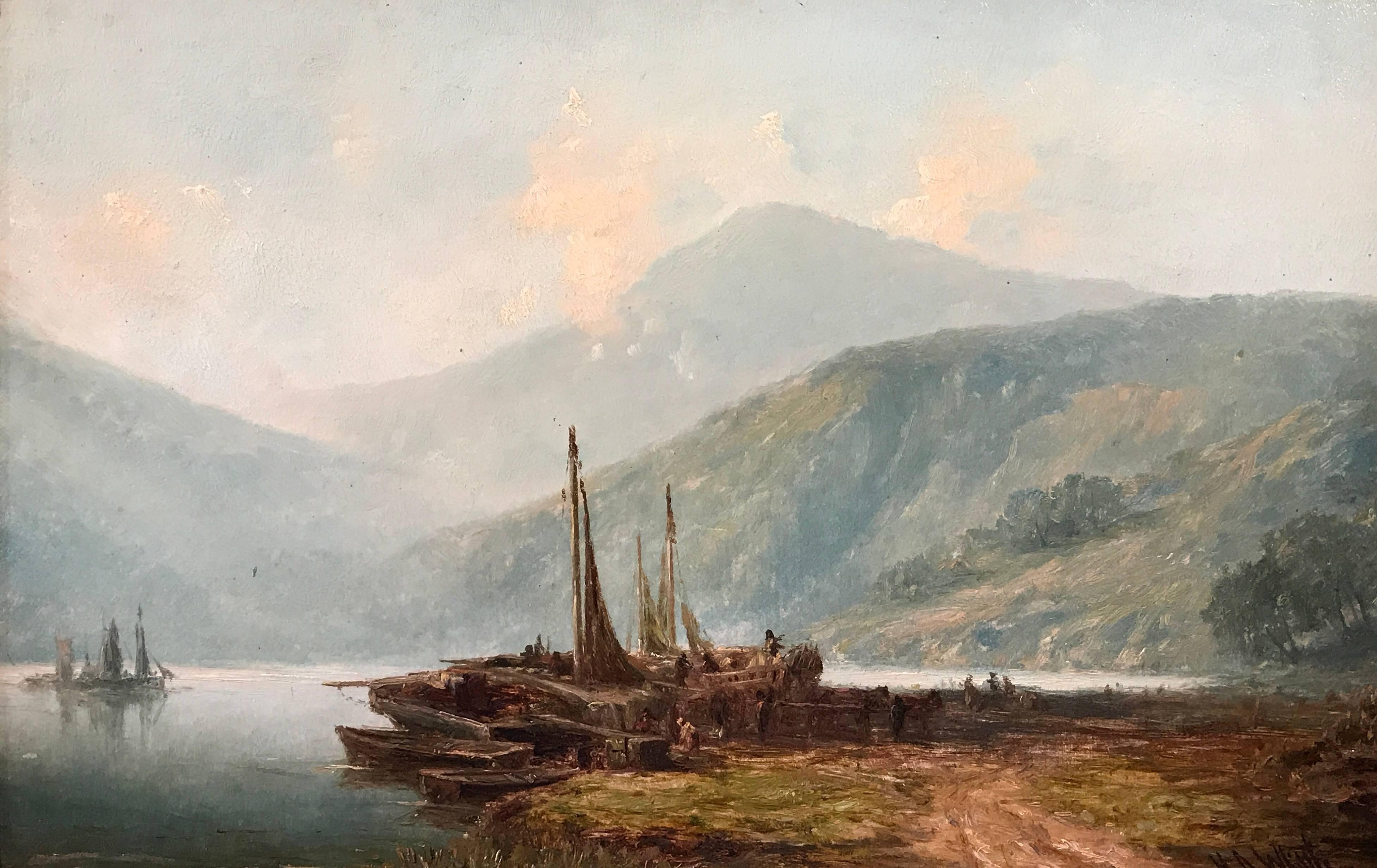Harry Armstrong Whittle Landscape Painting - Loch Lomond Fishing Boats 19th Century Oil Painting