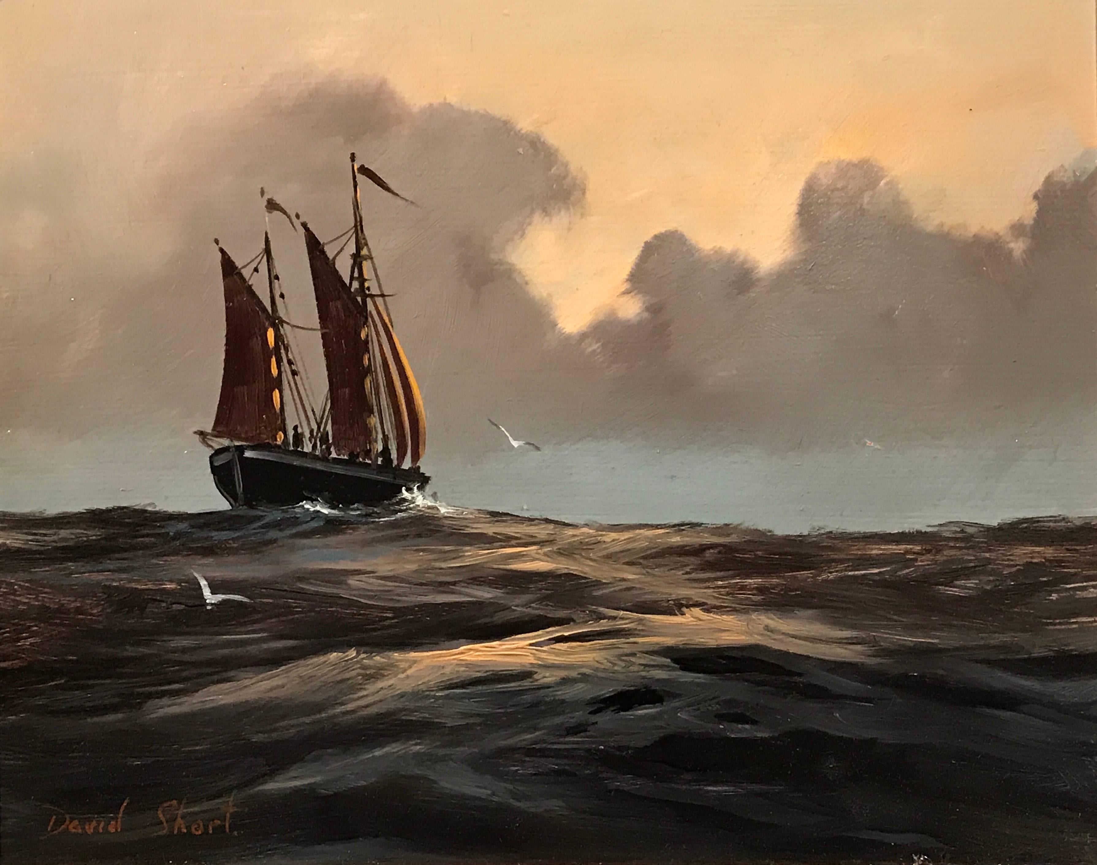 David Short Landscape Painting - Sailing Boat at Sunset original Oil Painting