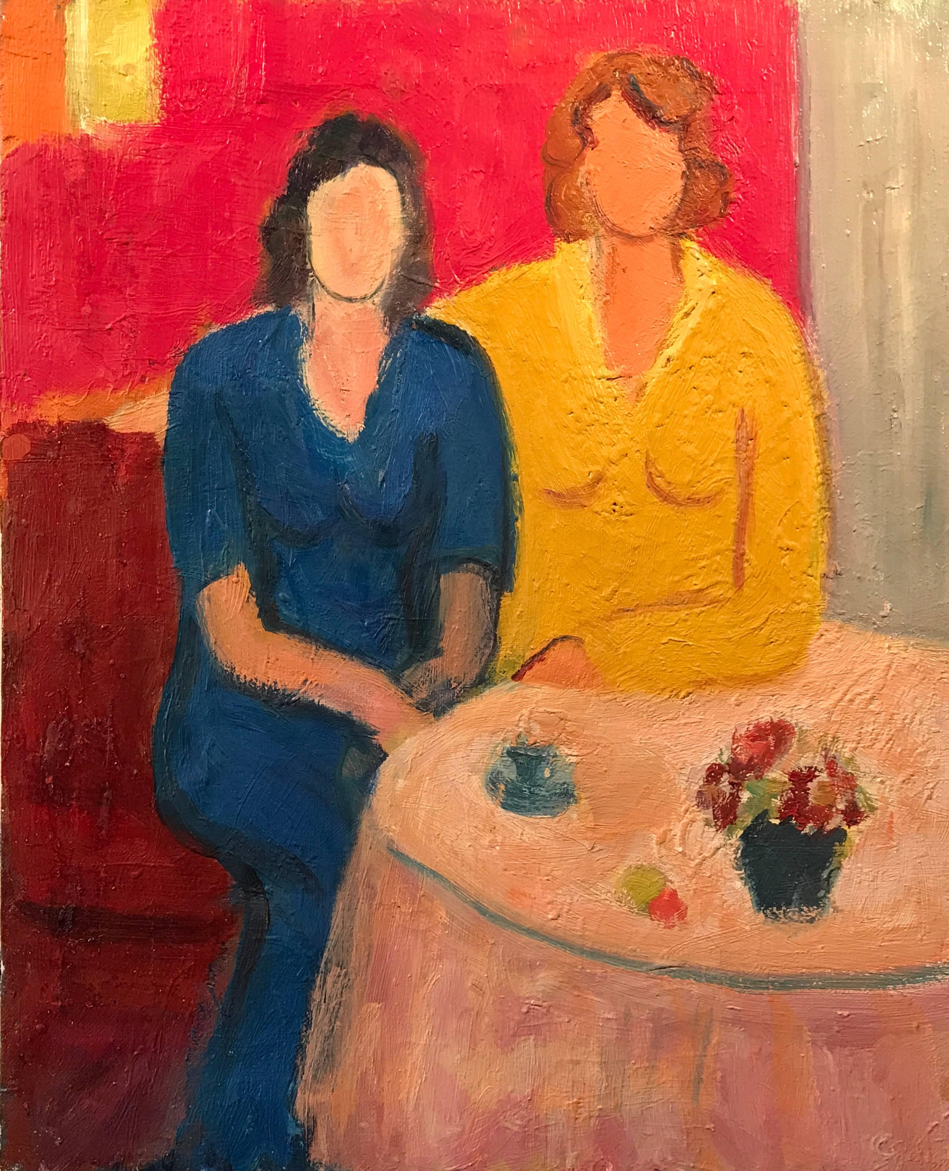 (after) Henri Matisse Figurative Painting - Vintage French Oil Painting Ladies at Cafe Table