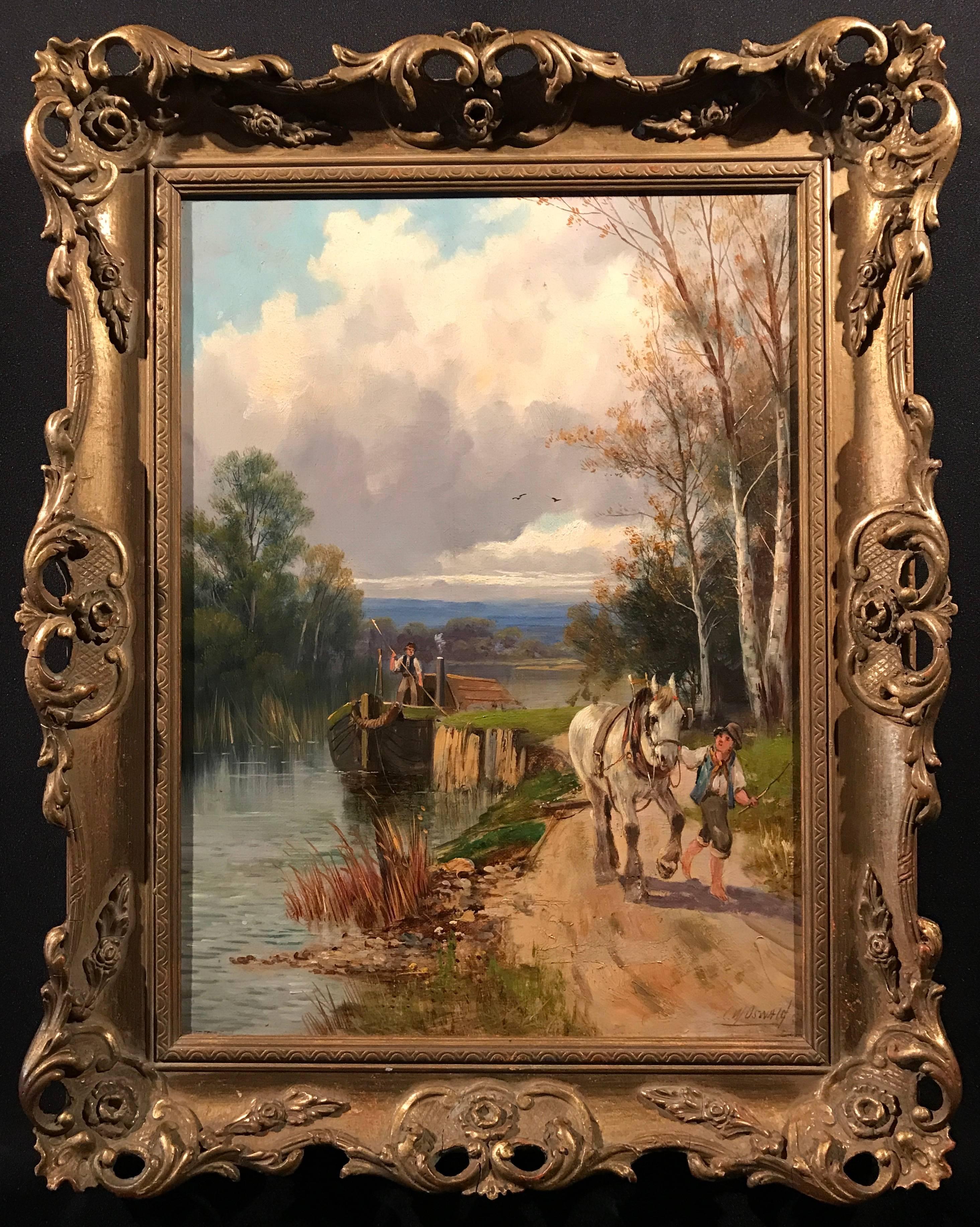 Charles W. Oswald Animal Painting - The Canal Path Victorian Oil Painting