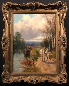 Antique The Canal Path Victorian Oil Painting