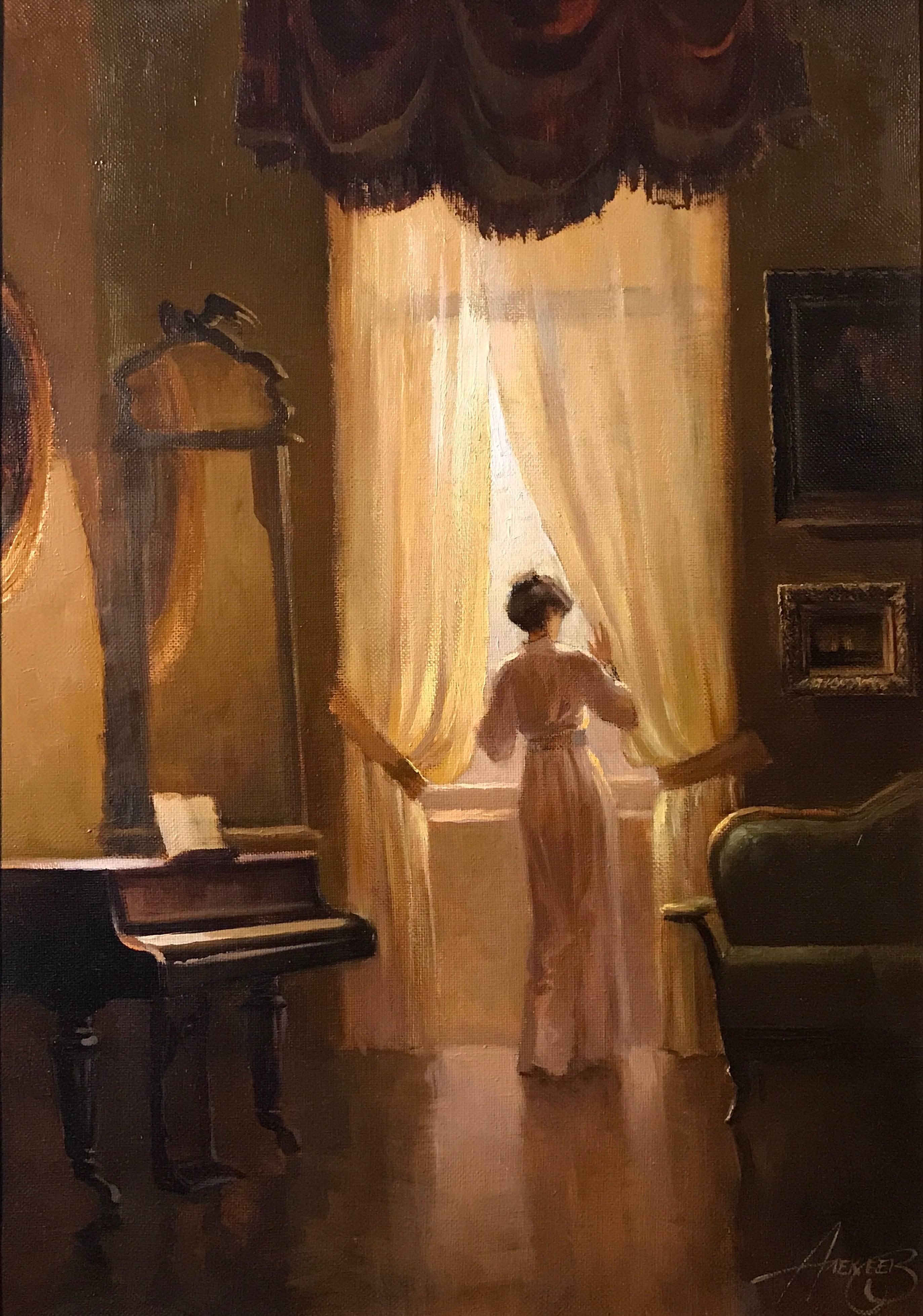 Unknown Figurative Painting - Signed Russian Oil Painting Lady in Music Drawing Room