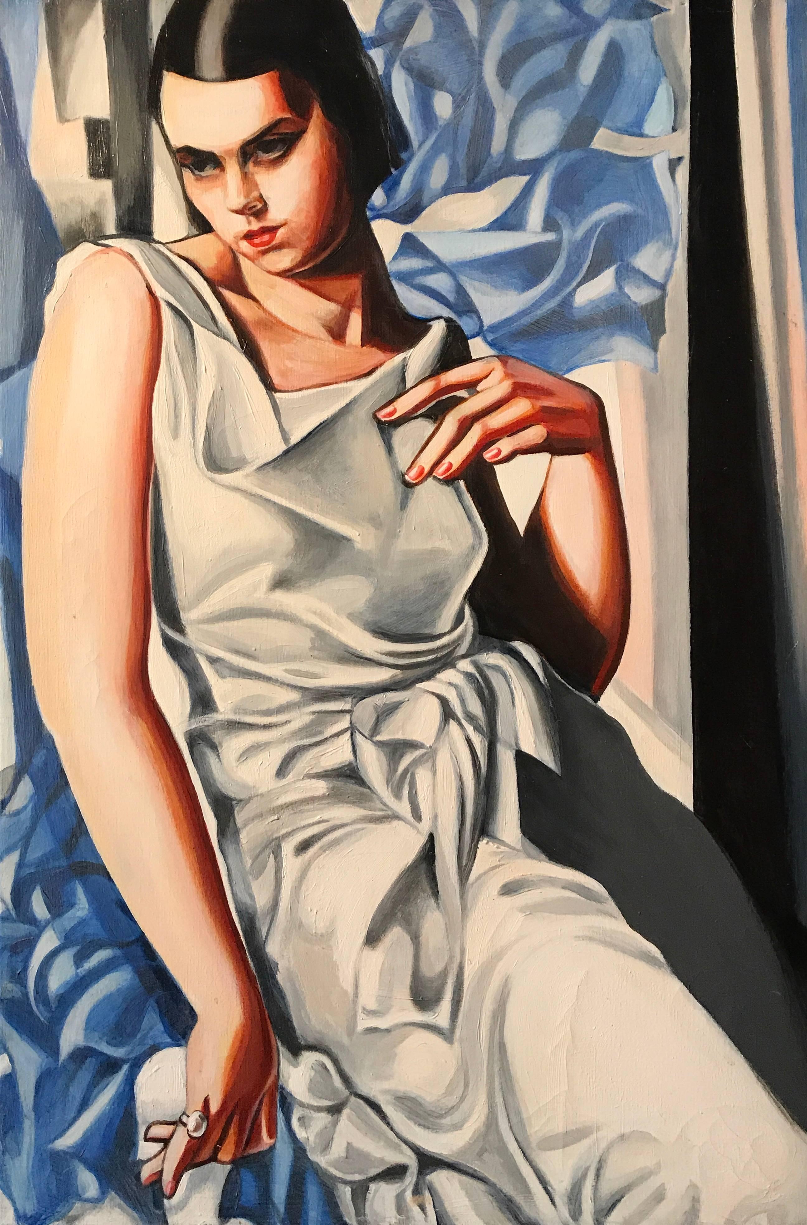 (after) Tamara de Lempicka Figurative Painting - Art Deco Portrait Young Lady Oil Painting