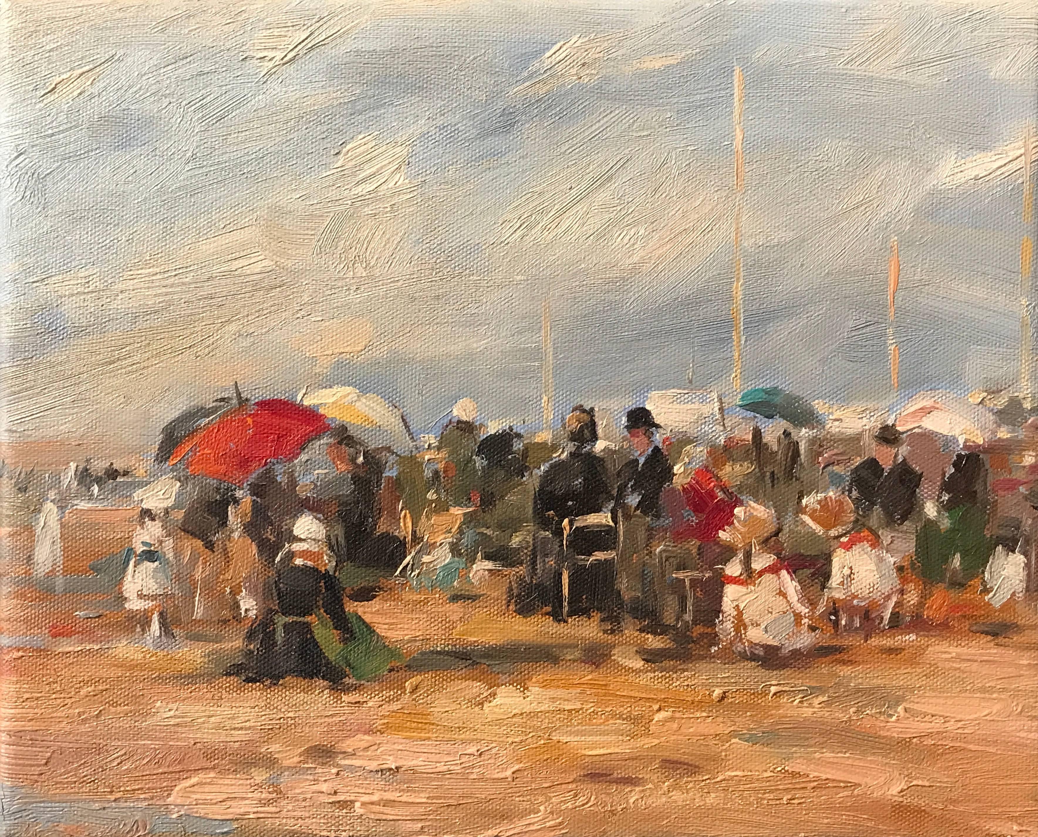 Unknown Landscape Painting - Elegant Figures on the Beach, Impressionist Oil