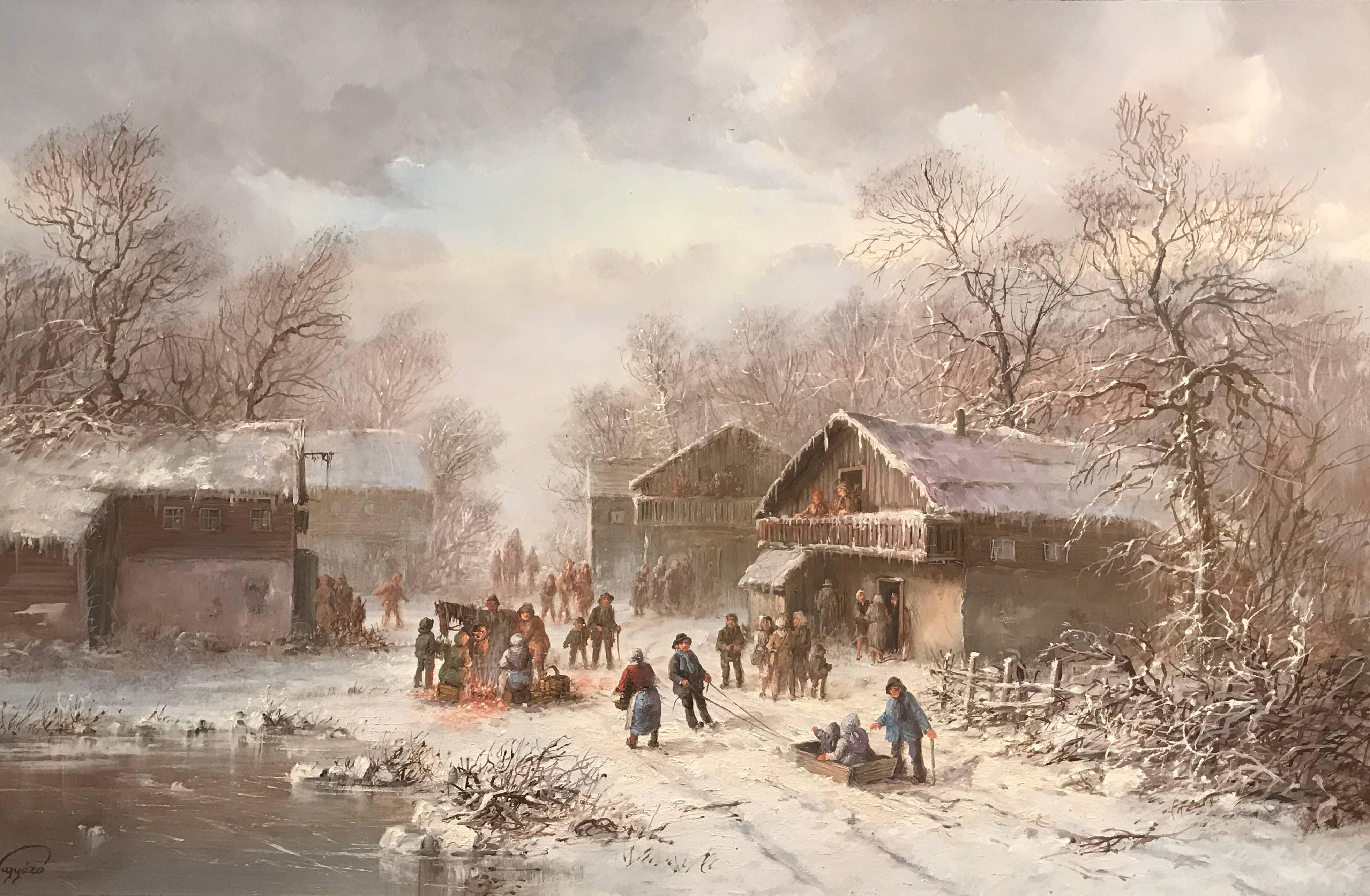 Unknown Landscape Painting - Dutch Winter Village Snow Scene Sledging Many Figures Signed Oil