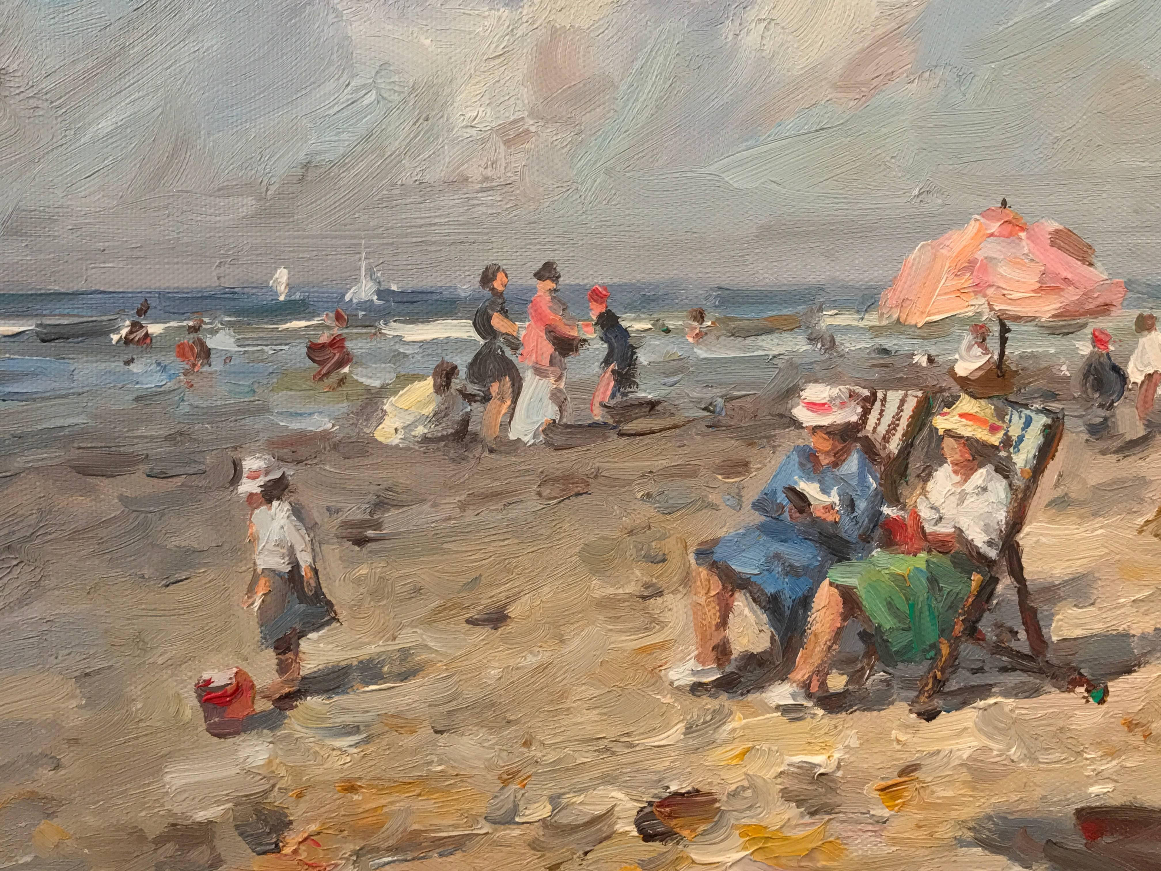 Unknown Figurative Painting - Sur la Plage, French oil painting