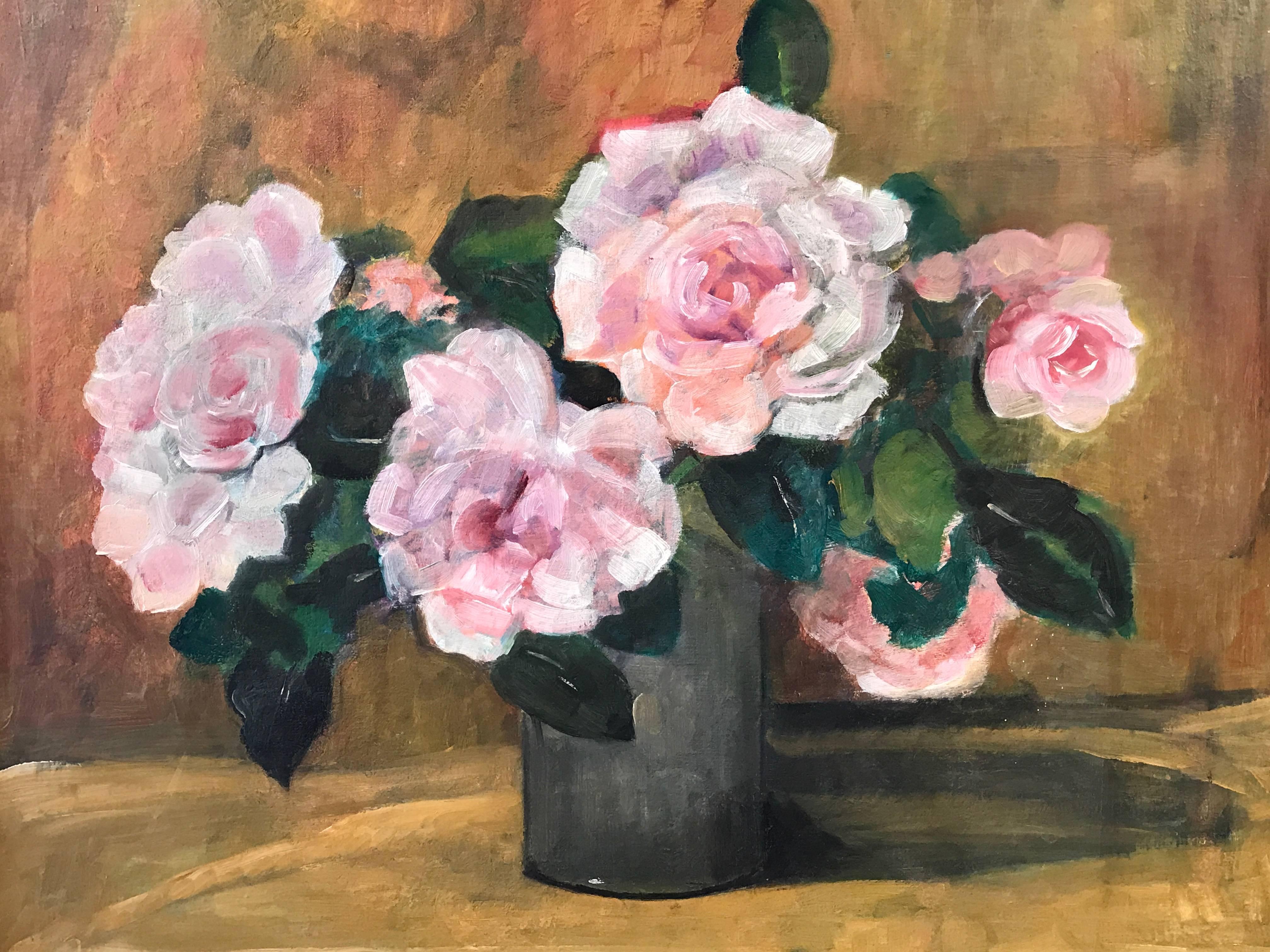 Dorothy Pulford Still-Life Painting - Mid 20th Century English Impressionist Oil Pink Roses
