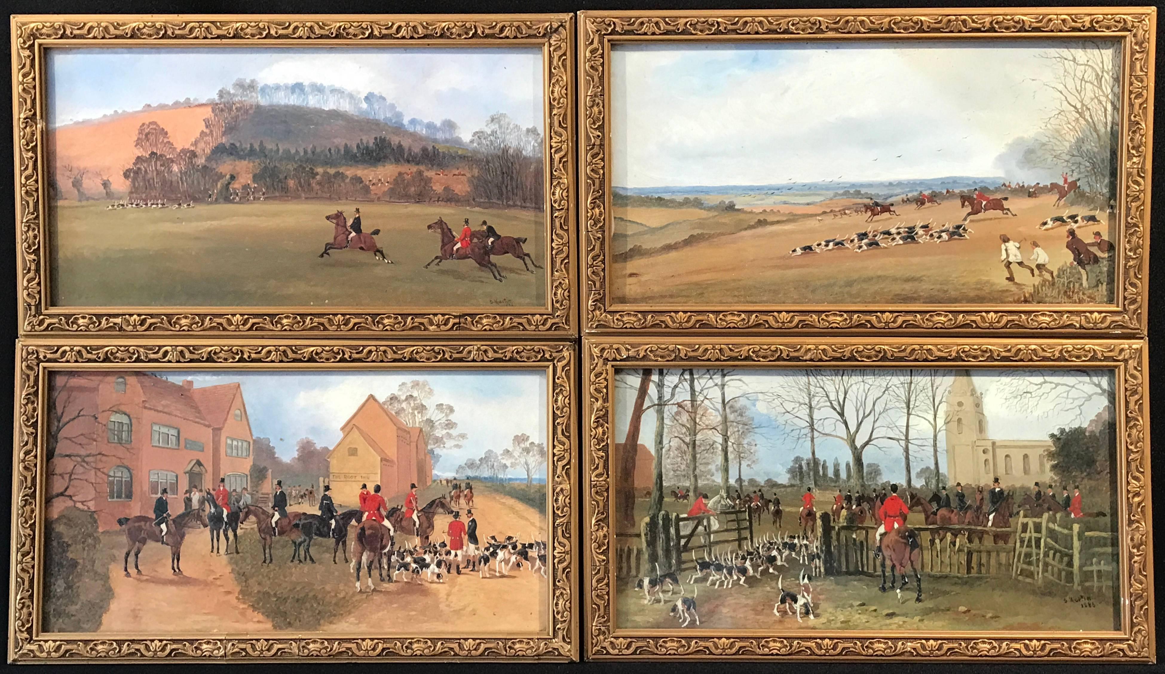 Sylvester Martin Animal Painting - Set of 4 Victorian Hunting Scene Oil Paintings