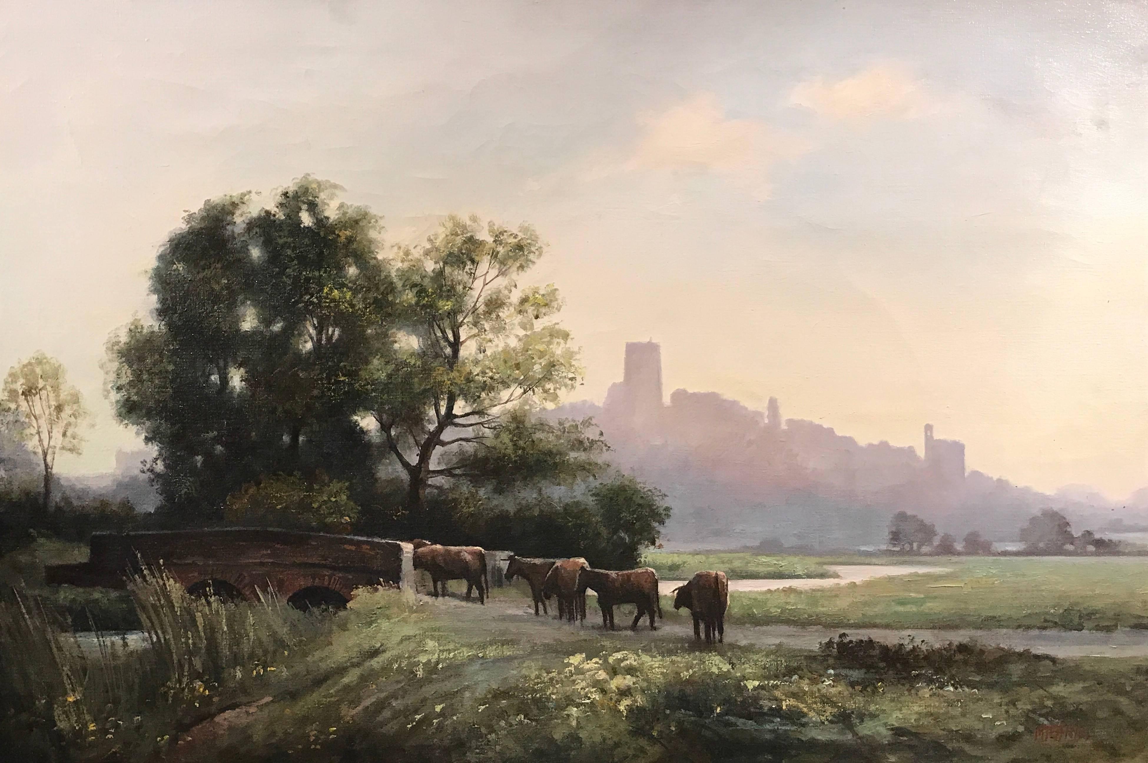 Michael Jeffries Landscape Painting - Windsor Castle Sunrise with Cattle in Landscape