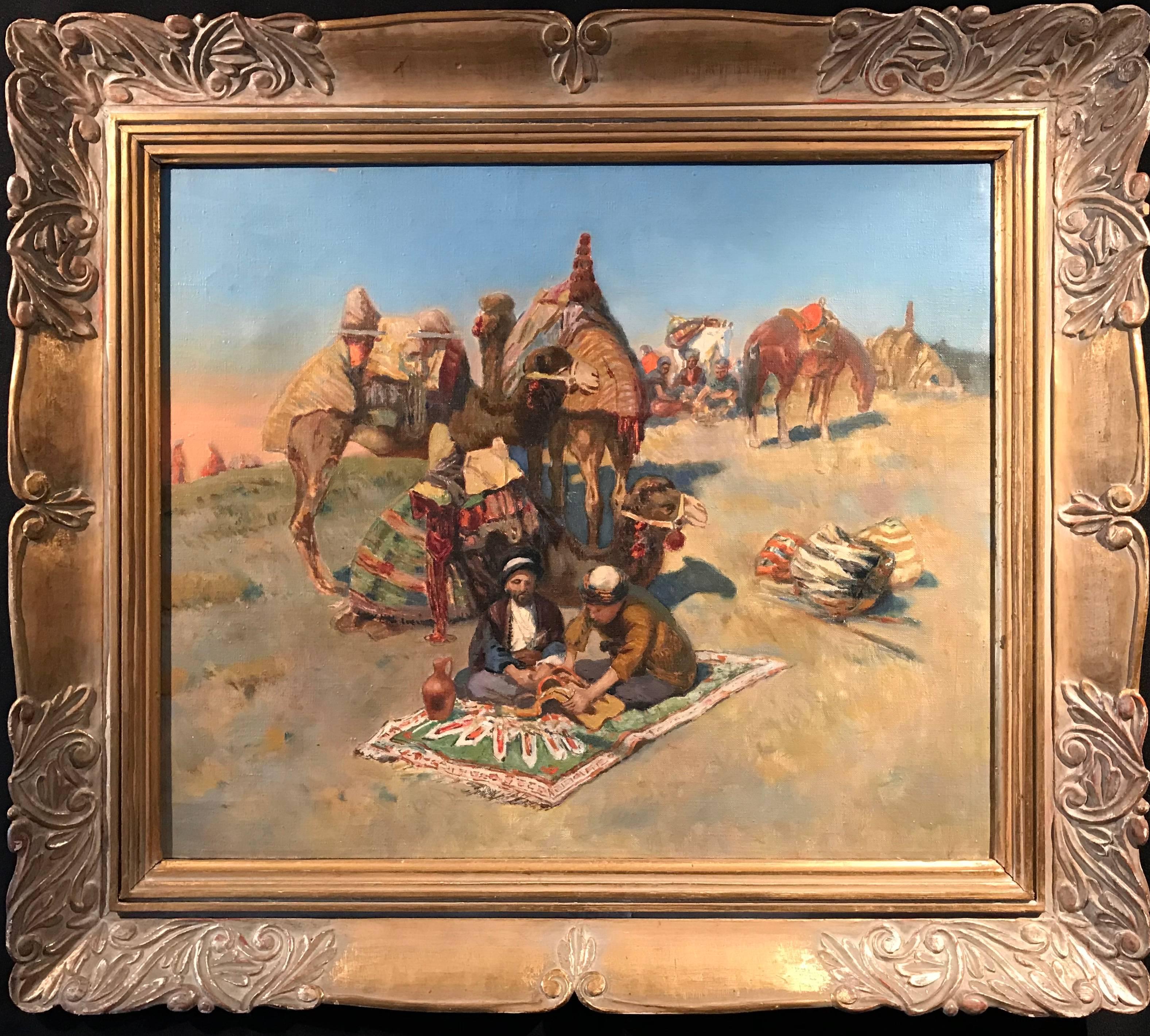 Unknown Animal Painting - Bedouin Travellers on Camels in Desert oil painting