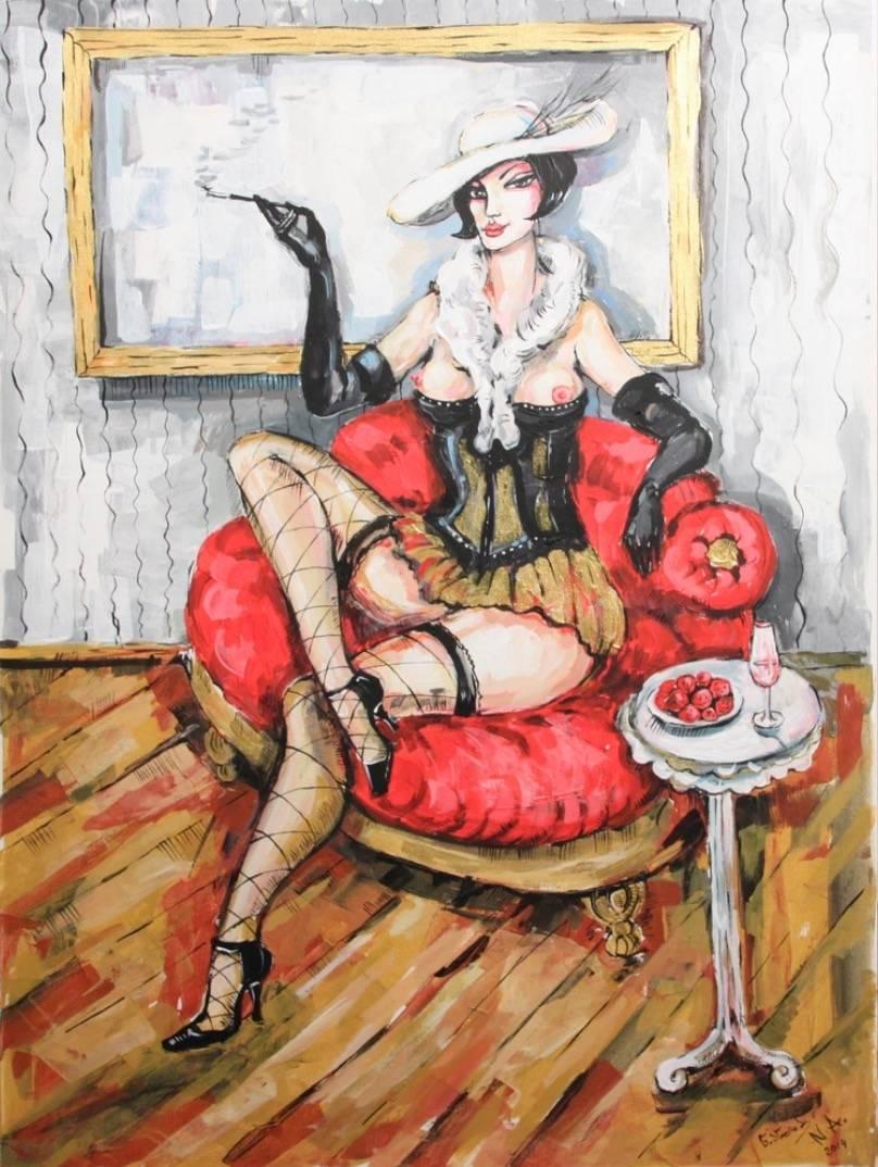 Natalia Antadze Nude Painting – Signiertes Ölgemälde „Mademo de petite vertue à la cigarette“
